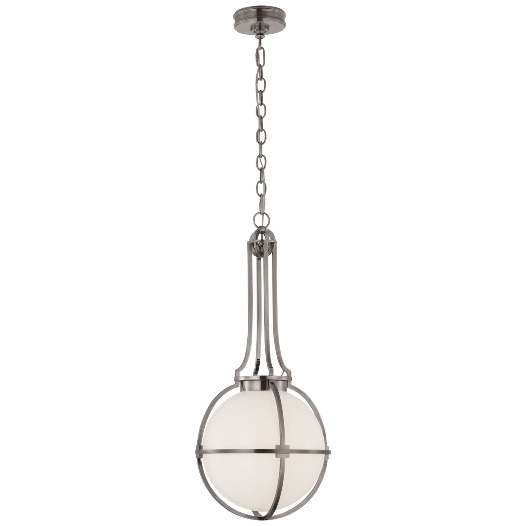 Chapman & Myers Gracie Medium Captured Globe Pendant in Antique Nickel with White Glass Ceiling Light W13" x H29.5"