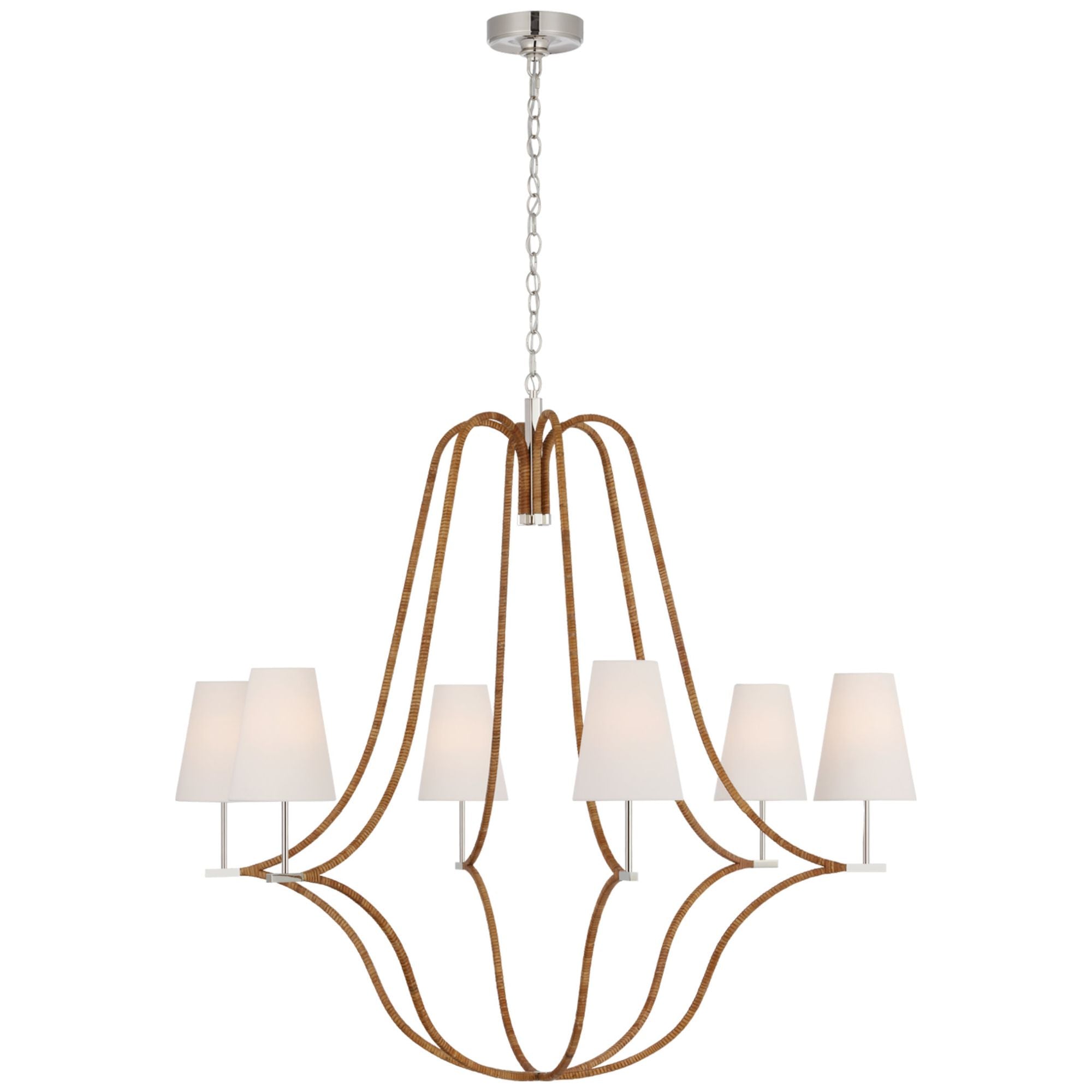 Chapman & Myers Biscayne Extra Large Wrapped Chandelier in Polished Nickel and Natural Rattan with Linen Shades Ceiling Light W45.75" x H42.75"