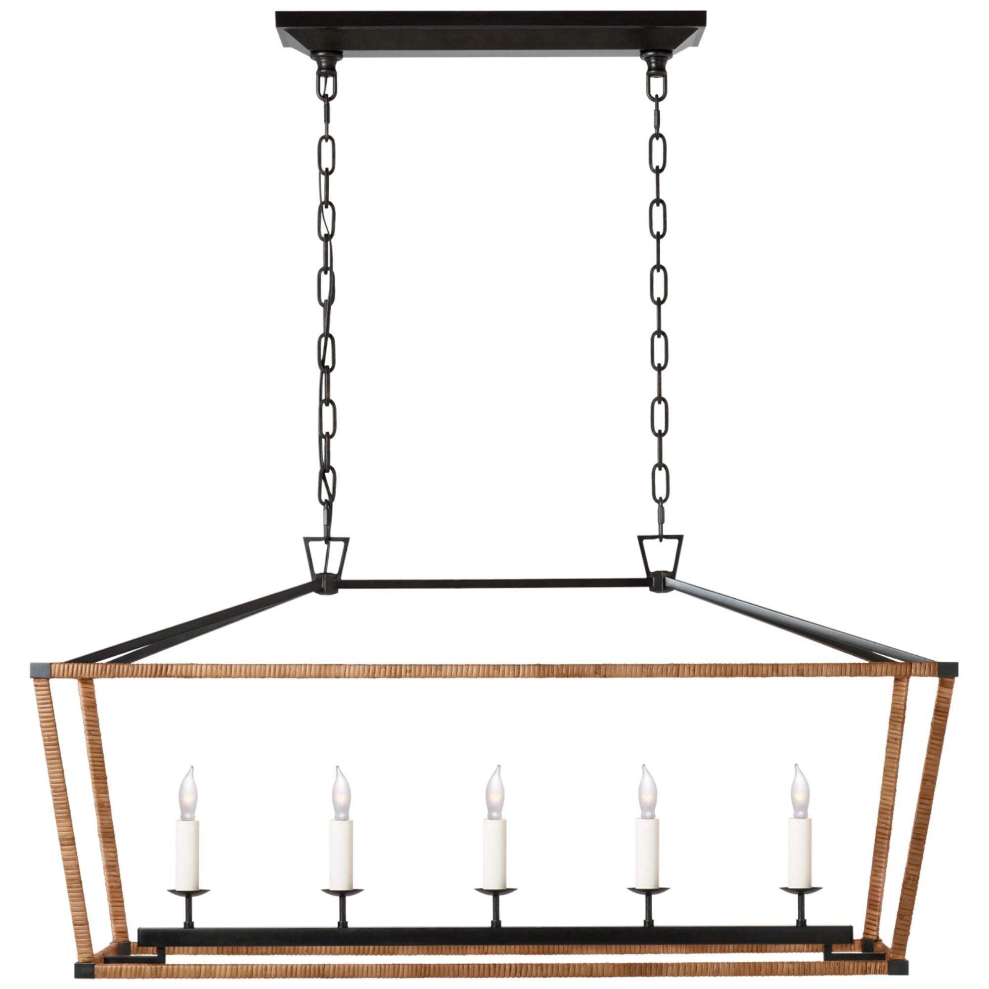 Chapman & Myers Darlana Medium Rattan Wrapped Linear Lantern in Aged Iron and Natural Rattan Ceiling Light W41" X 13" x H20"