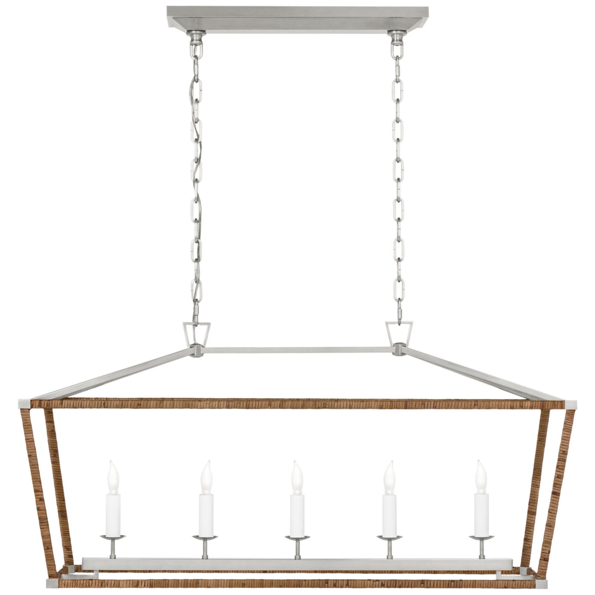 Chapman & Myers Darlana Medium Rattan Wrapped Linear Lantern in Polished Nickel and Natural Rattan Ceiling Light W41" X 13" x H20"