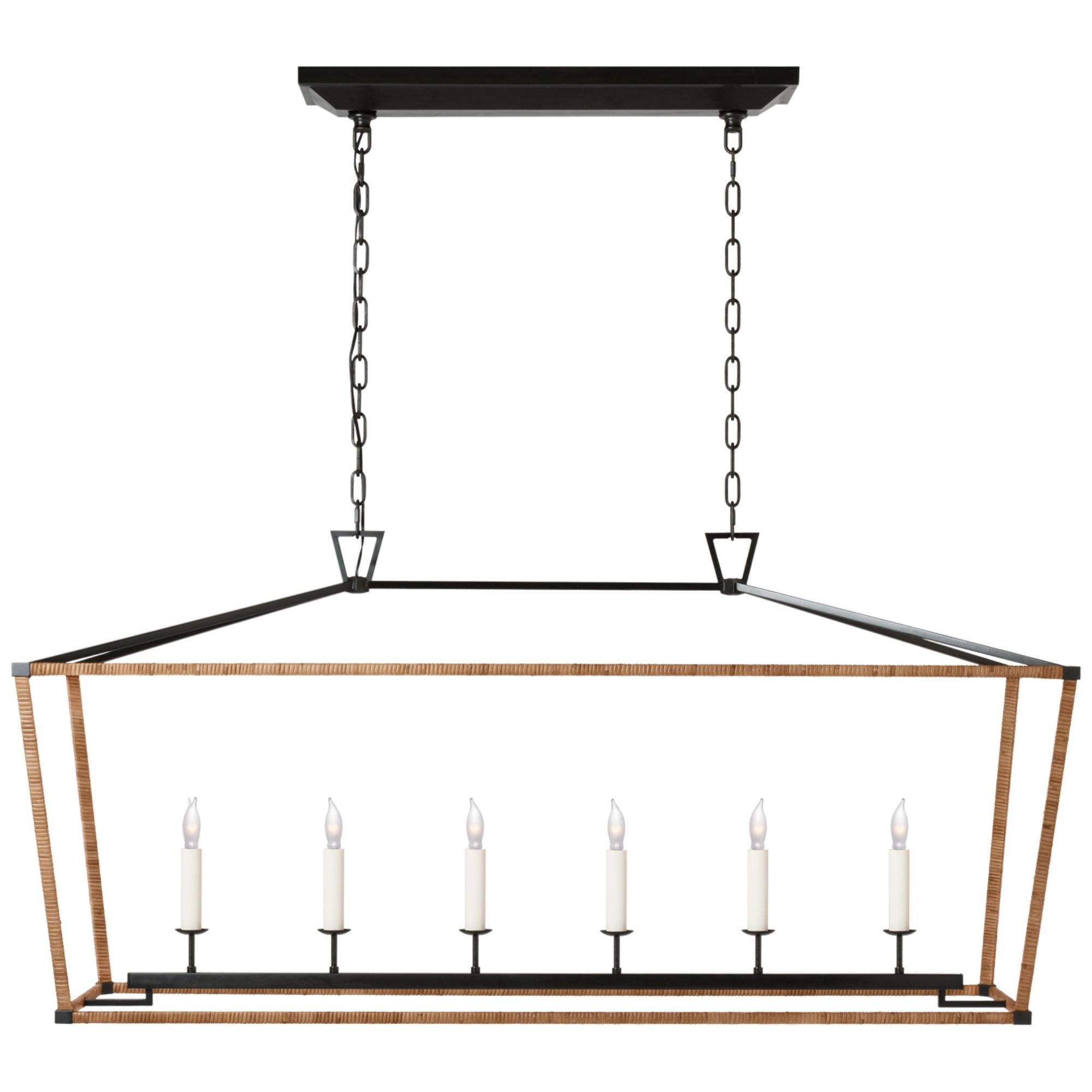 Chapman & Myers Darlana Large Rattan Wrapped Linear Lantern in Aged Iron and Natural Rattan Ceiling Light W54" X 17" x H25.5"