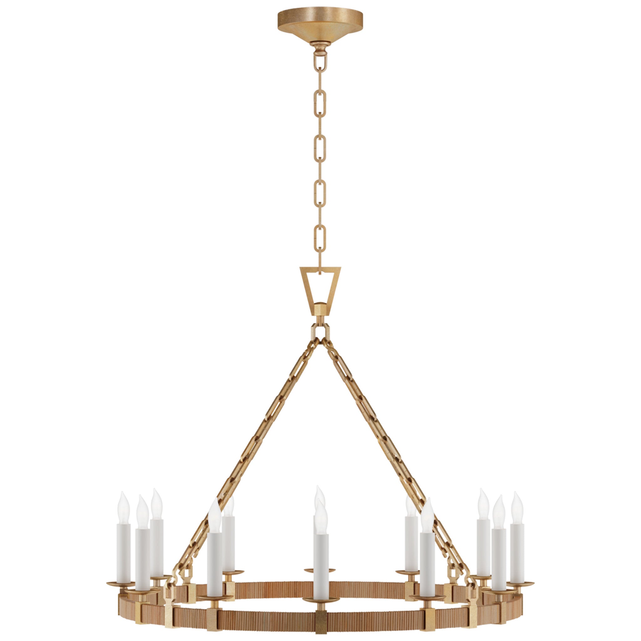Chapman & Myers Darlana Medium Wrapped Ring Chandelier in Antique-Burnished Brass and Natural Rattan Ceiling Light W30" x H24.5"