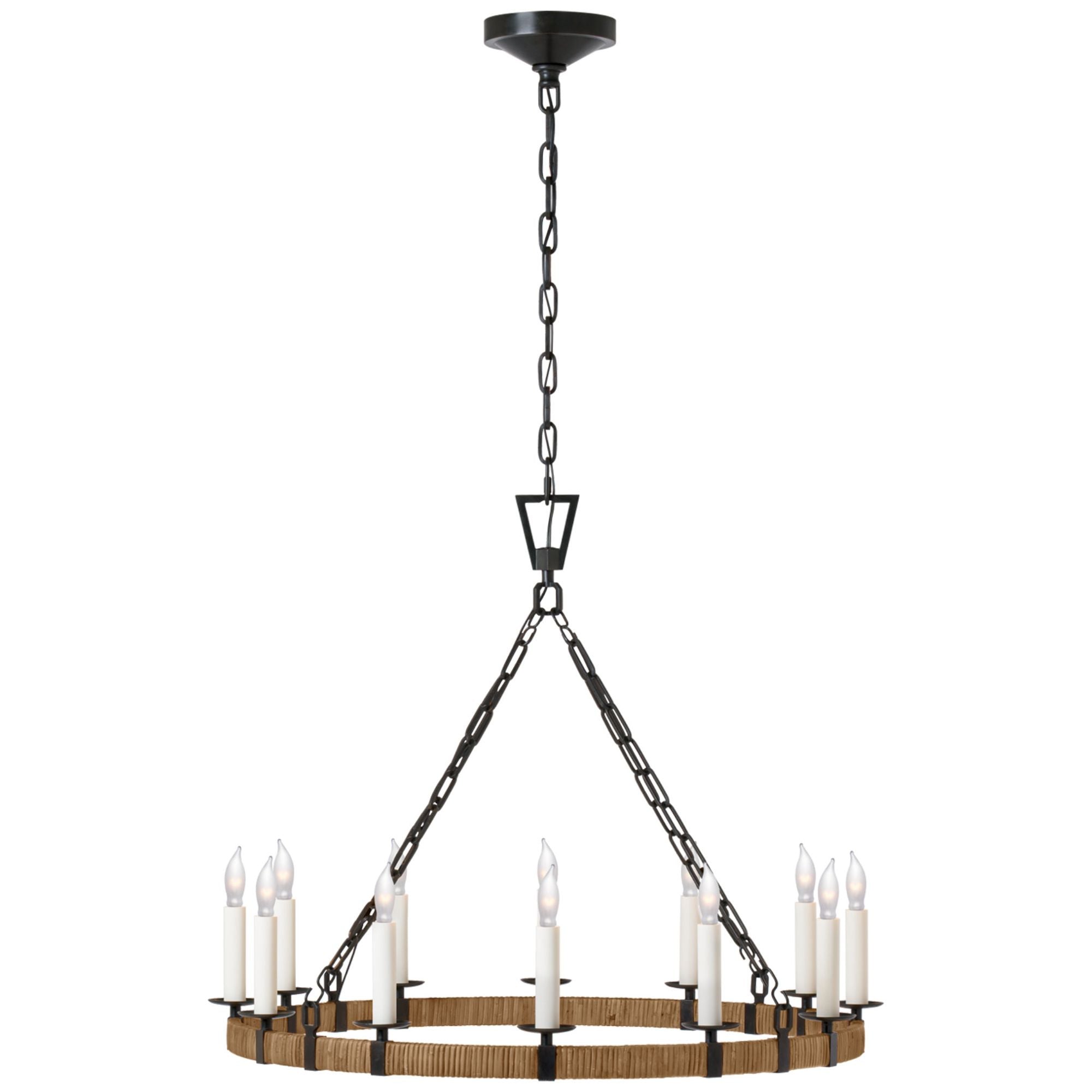 Chapman & Myers Darlana Medium Wrapped Ring Chandelier in Aged Iron and Natural Rattan Ceiling Light W30" x H24.5"