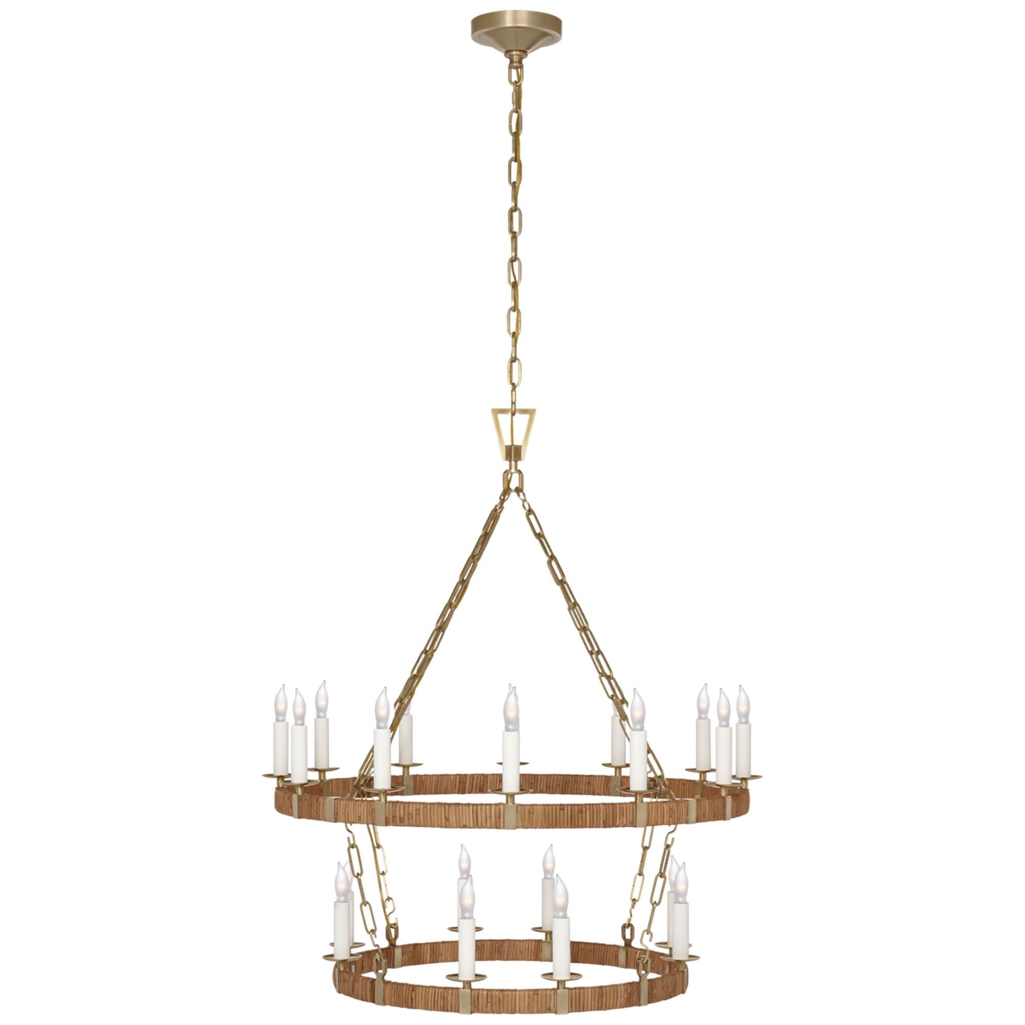 Chapman & Myers Darlana Medium Two Tier Chandelier in Antique-Burnished Brass and Natural Rattan Ceiling Light W31.75" x H36.75"