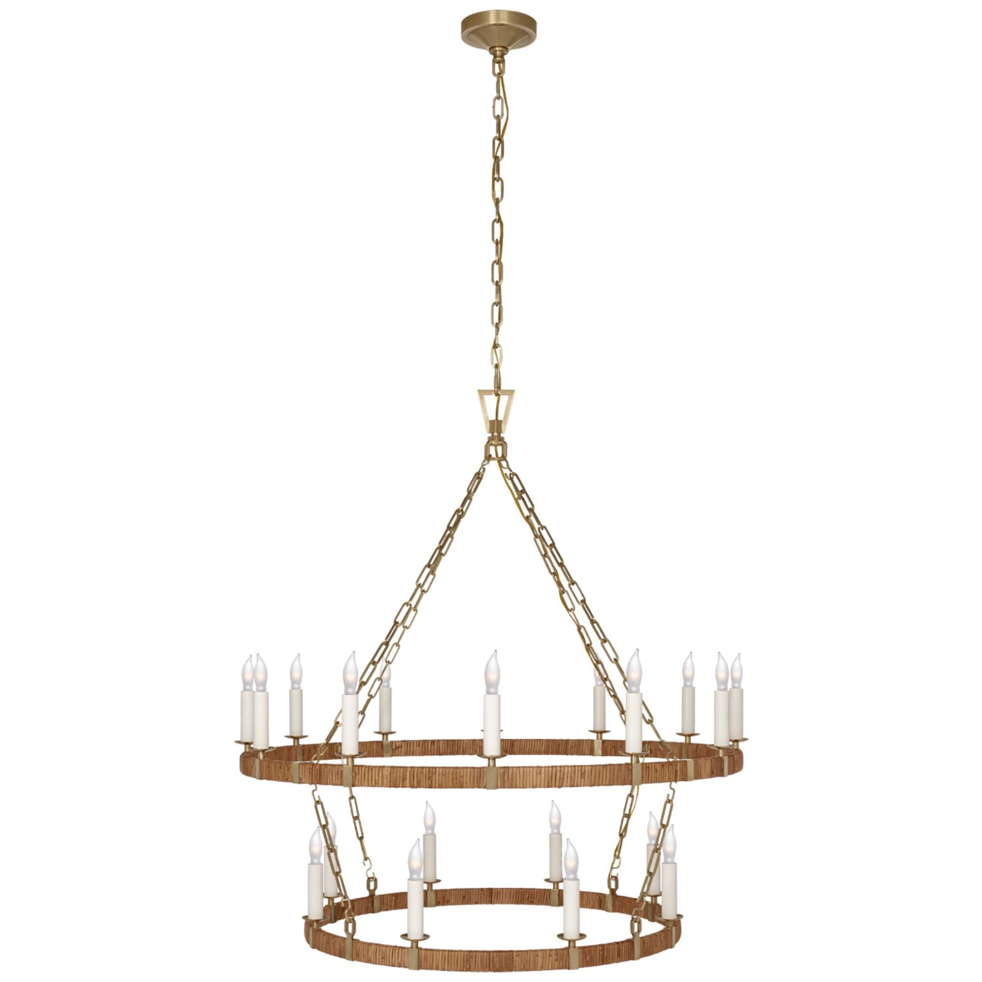 Chapman & Myers Darlana Large Two Tier Chandelier in Antique-Burnished Brass and Natural Rattan Ceiling Light W39.25" x H44.5"