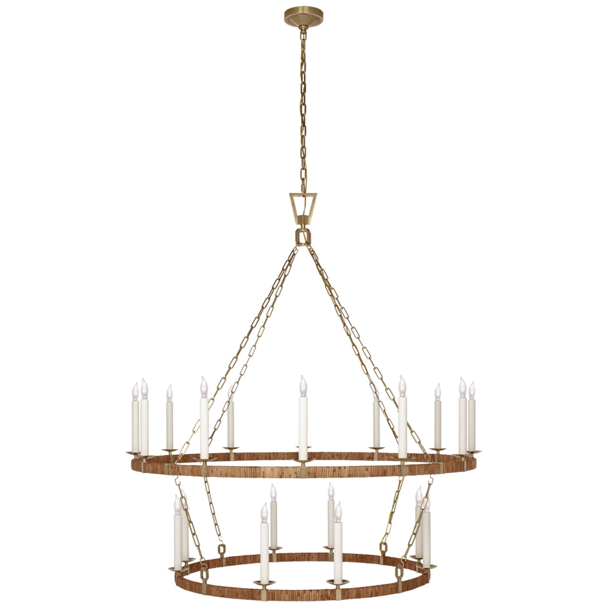 Chapman & Myers Darlana Extra Large Two Tier Chandelier in Antique-Burnished Brass and Natural Rattan Ceiling Light W52.25" x H59.75"