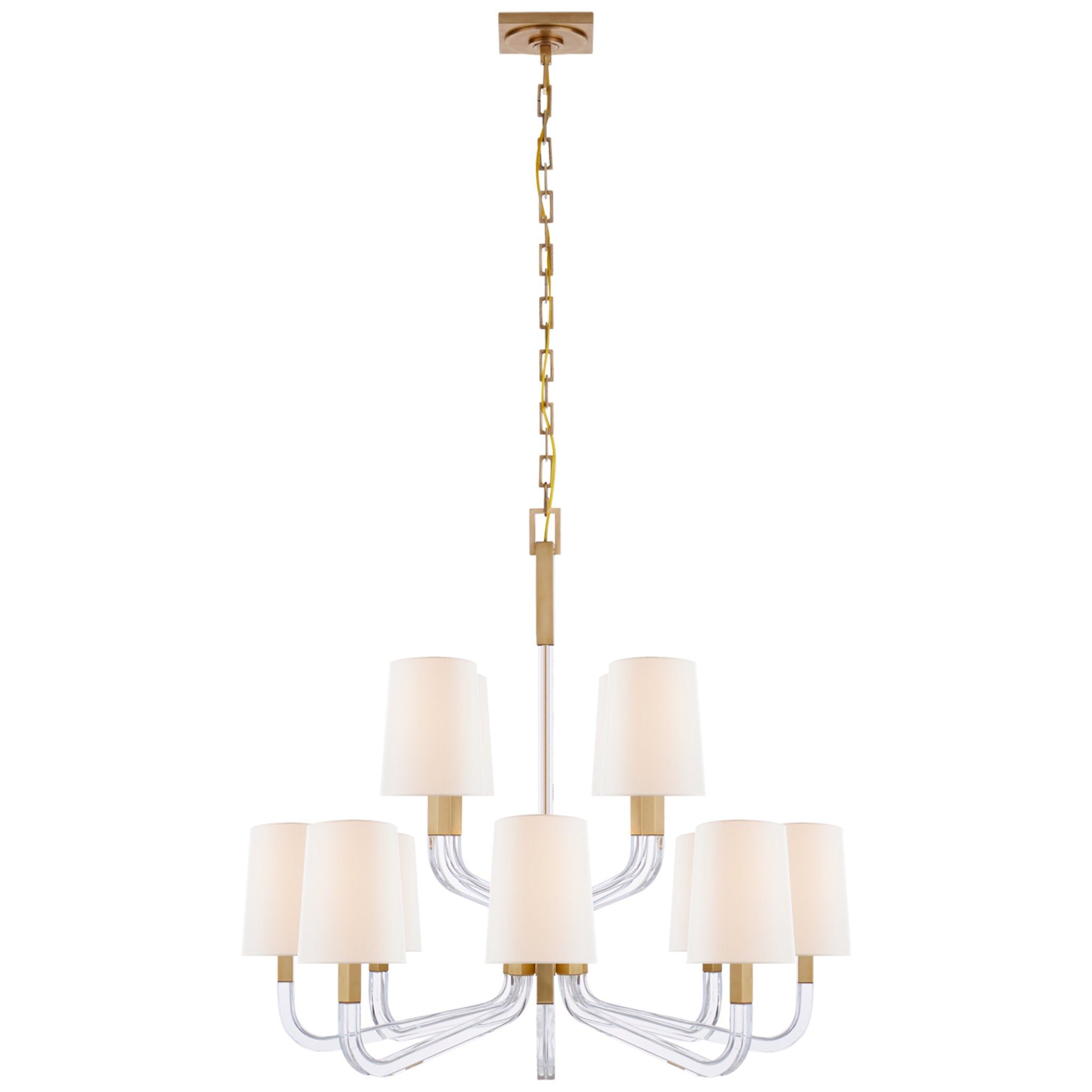 Chapman & Myers Reagan Medium Two Tier Chandelier in Antique-Burnished Brass and Crystal with Linen Shades Ceiling Light W37" x H29.75"