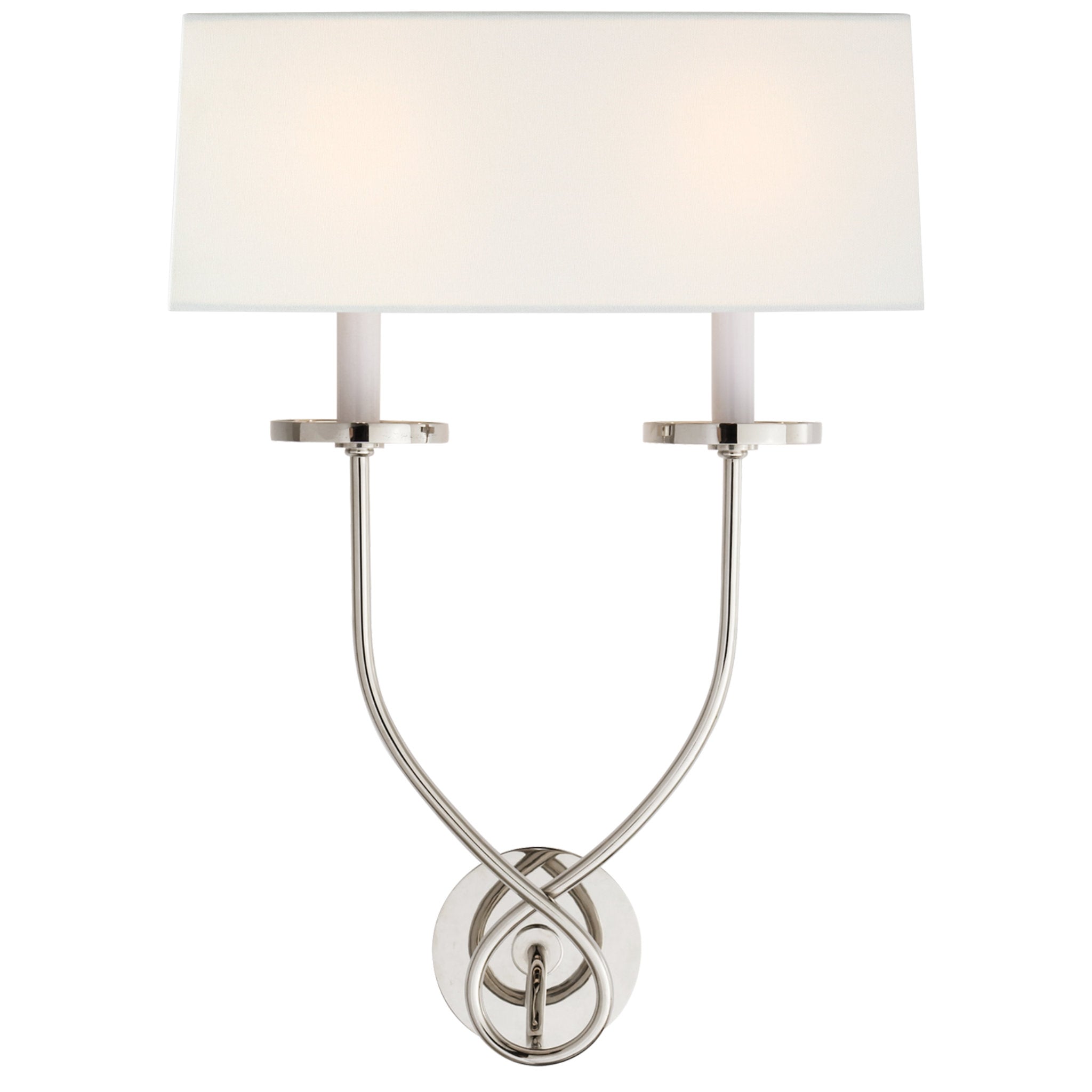 Chapman & Myers Symmetric Twist Double Sconce in Polished Nickel with Linen Shade Wall Light W14.5" x H20.25"