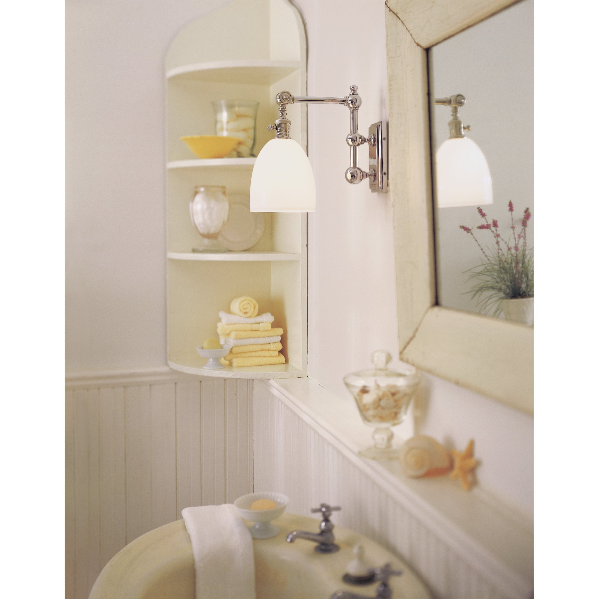 Chapman & Myers Pimlico Single Light in Polished Nickel with White Glass Wall Light W6" x H11"