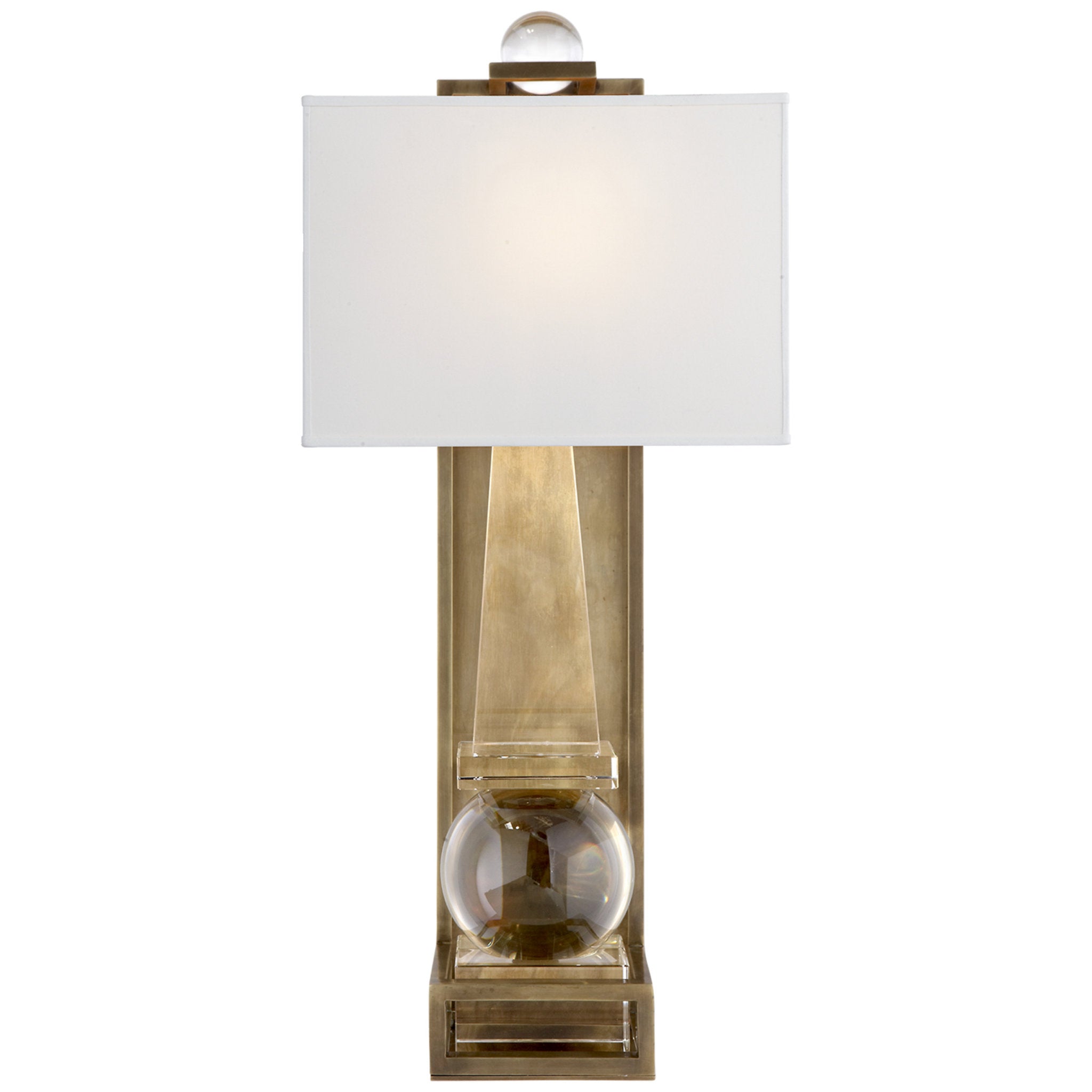 Chapman & Myers Paladin Tall Obelisk Sconce in Crystal and Antique-Burnished Brass with Natural Percale Shade Wall Light W11" x H25"
