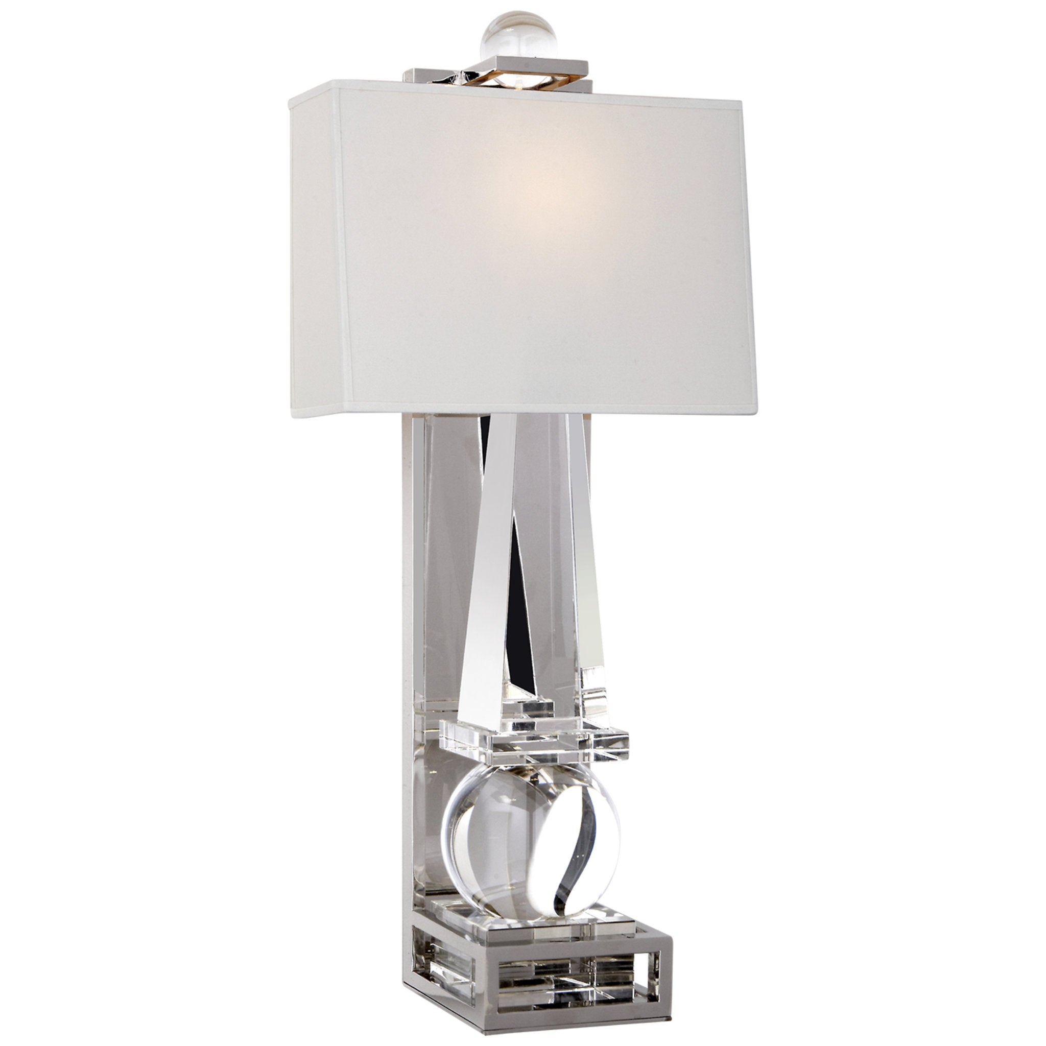 Chapman & Myers Paladin Tall Obelisk Sconce in Crystal and Polished Nickel with Natural Percale Shade Wall Light W11" x H25"