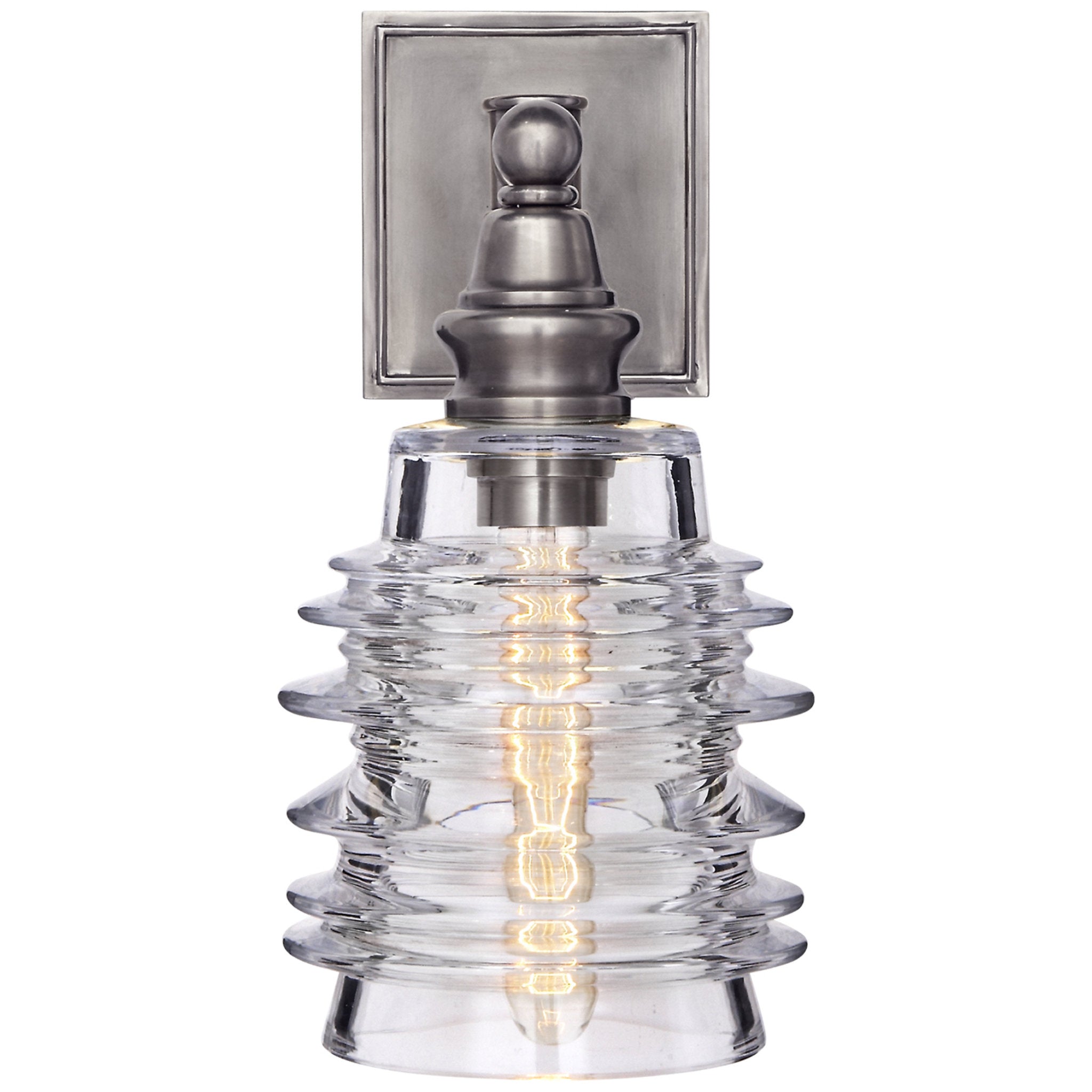 Chapman & Myers Covington Sconce in Antique Nickel with Clear Ribbed Wide Glass Wall Light W6.5" x H12.75"