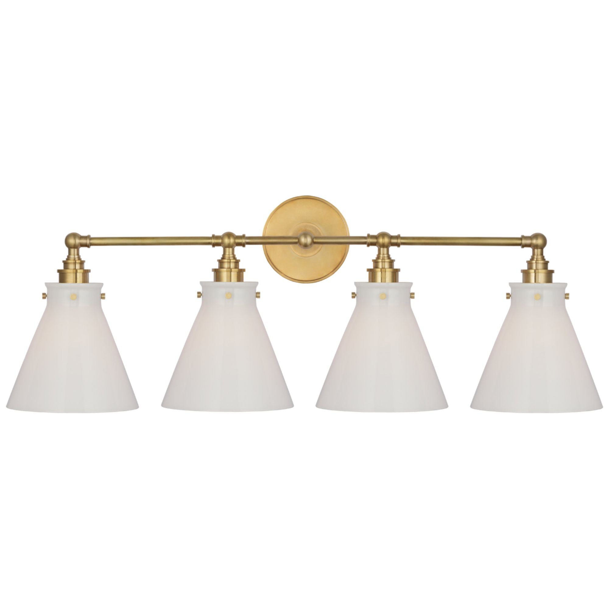 Chapman & Myers Parkington 32" Four Light Bath Bar in Antique-Burnished Brass with White Glass Wall Light W32.5" x H11.5"