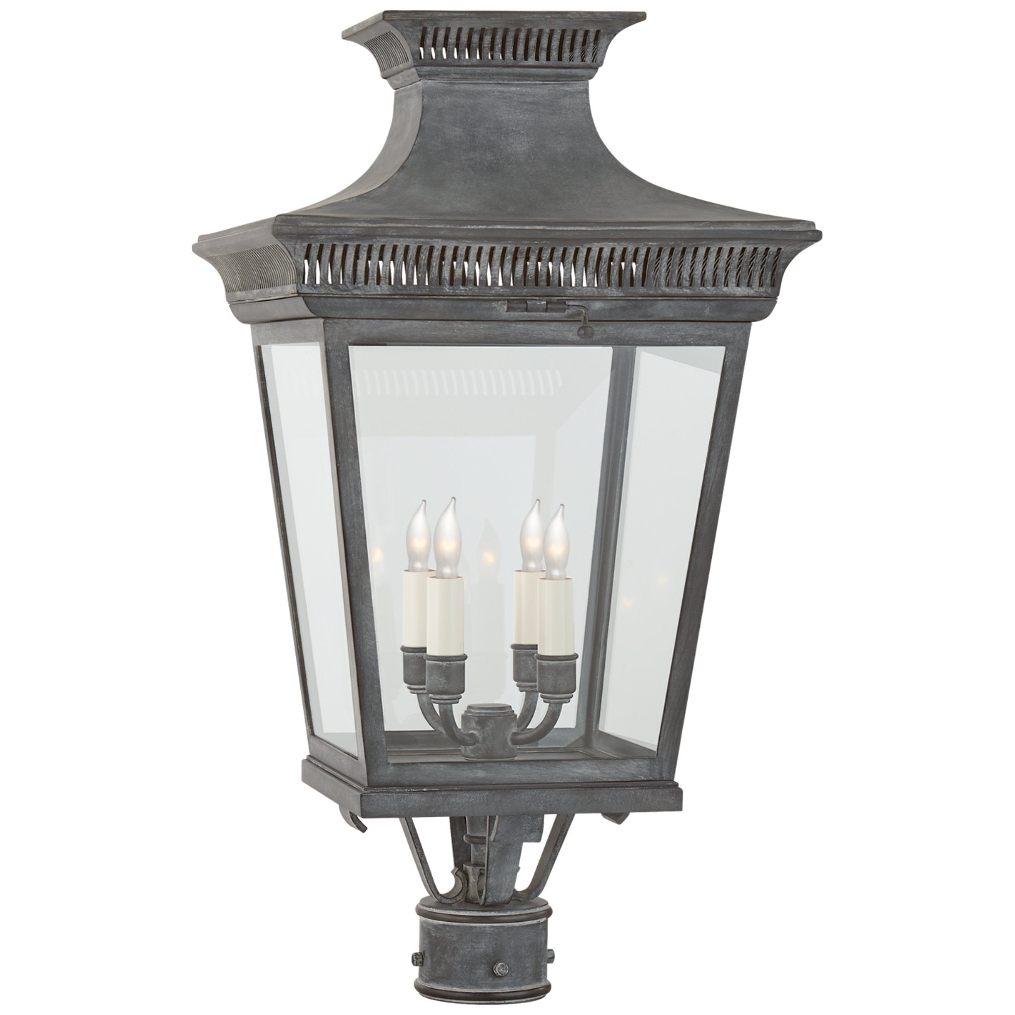 Chapman & Myers Elsinore Medium Post Lantern in Weathered Zinc with Clear Glass Outdoor Lighting W14.5" x H26.25"