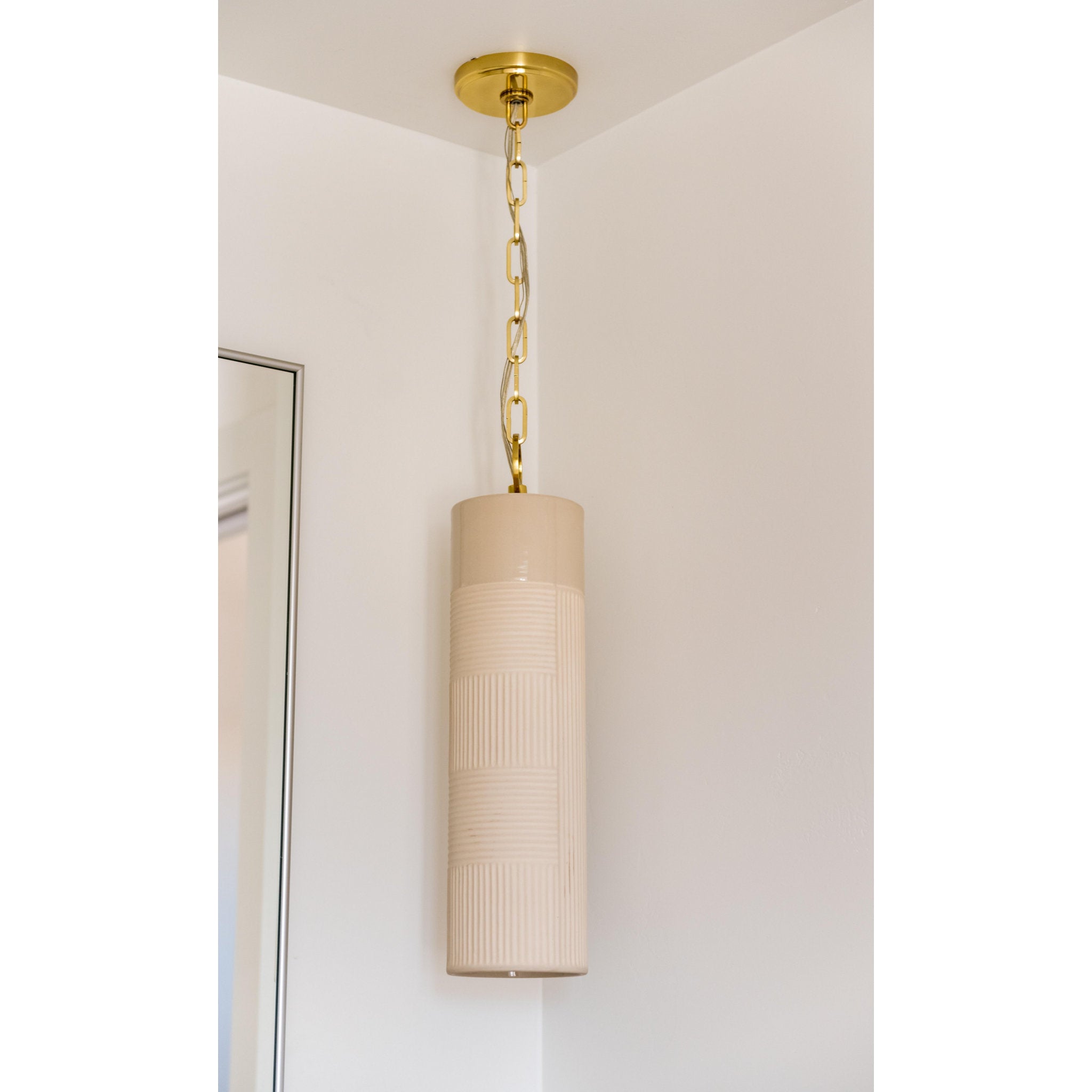 Brookville 1-Light Pendant in Aged Brass/Soft Off White 5L x 5W x 20.75H