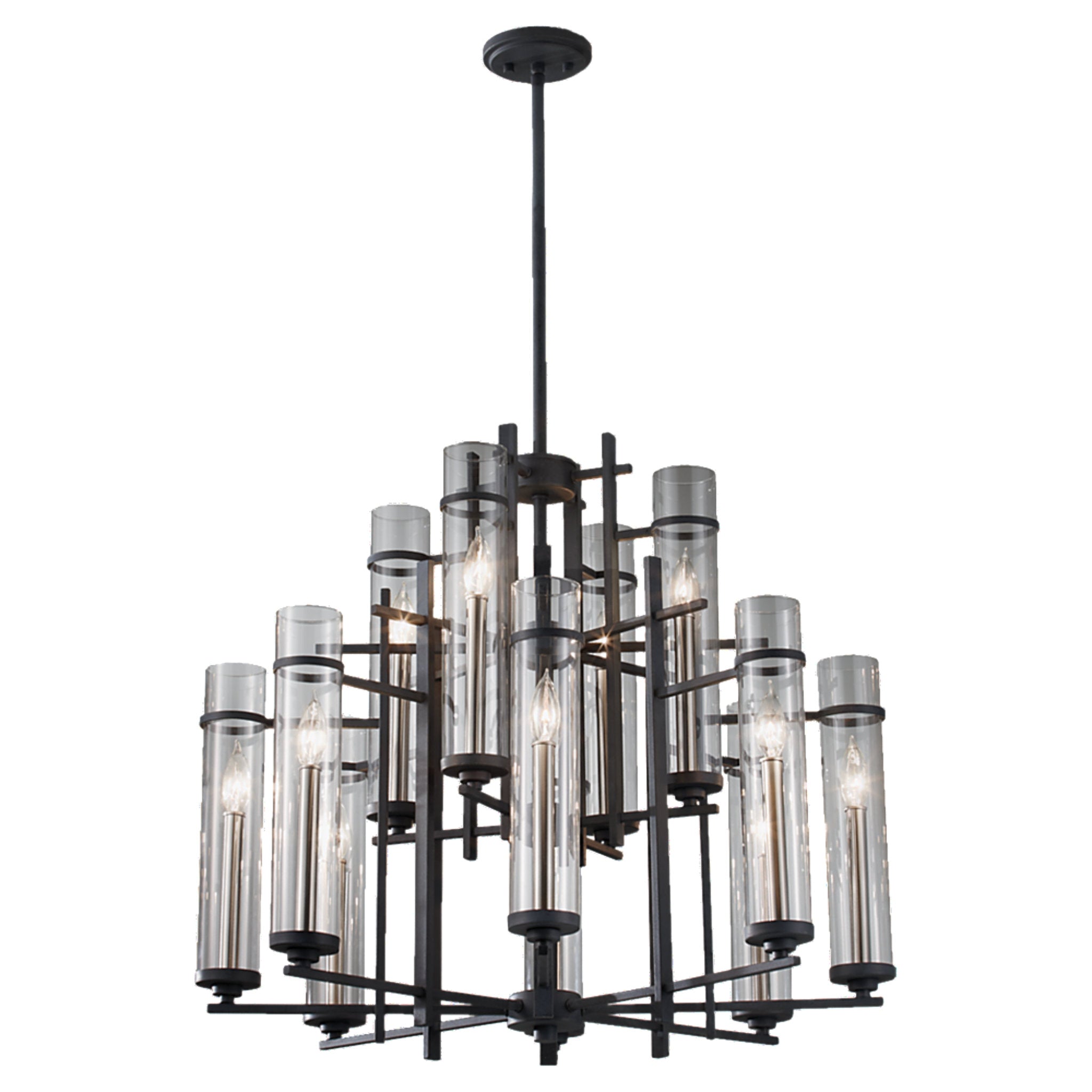 Ethan Extra Large Chandelier Transitional 26.625" Height Steel Round Clear Shade in Antique Forged Iron / Brushed