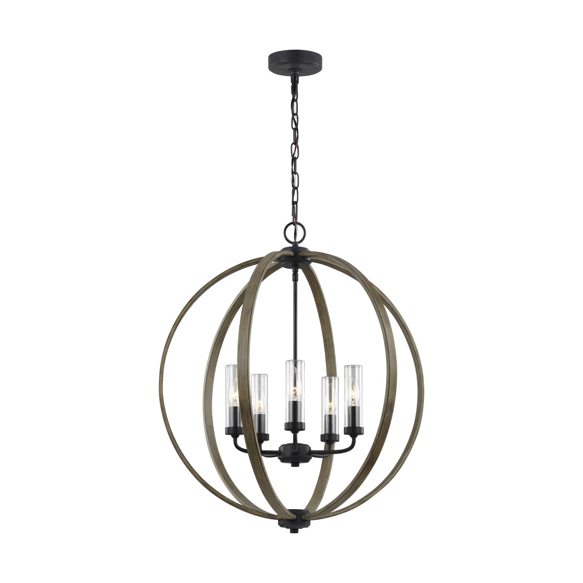 Sean Lavin Allier Outdoor Chandelier in Weathered Oak Wood / Antique Forged Iron