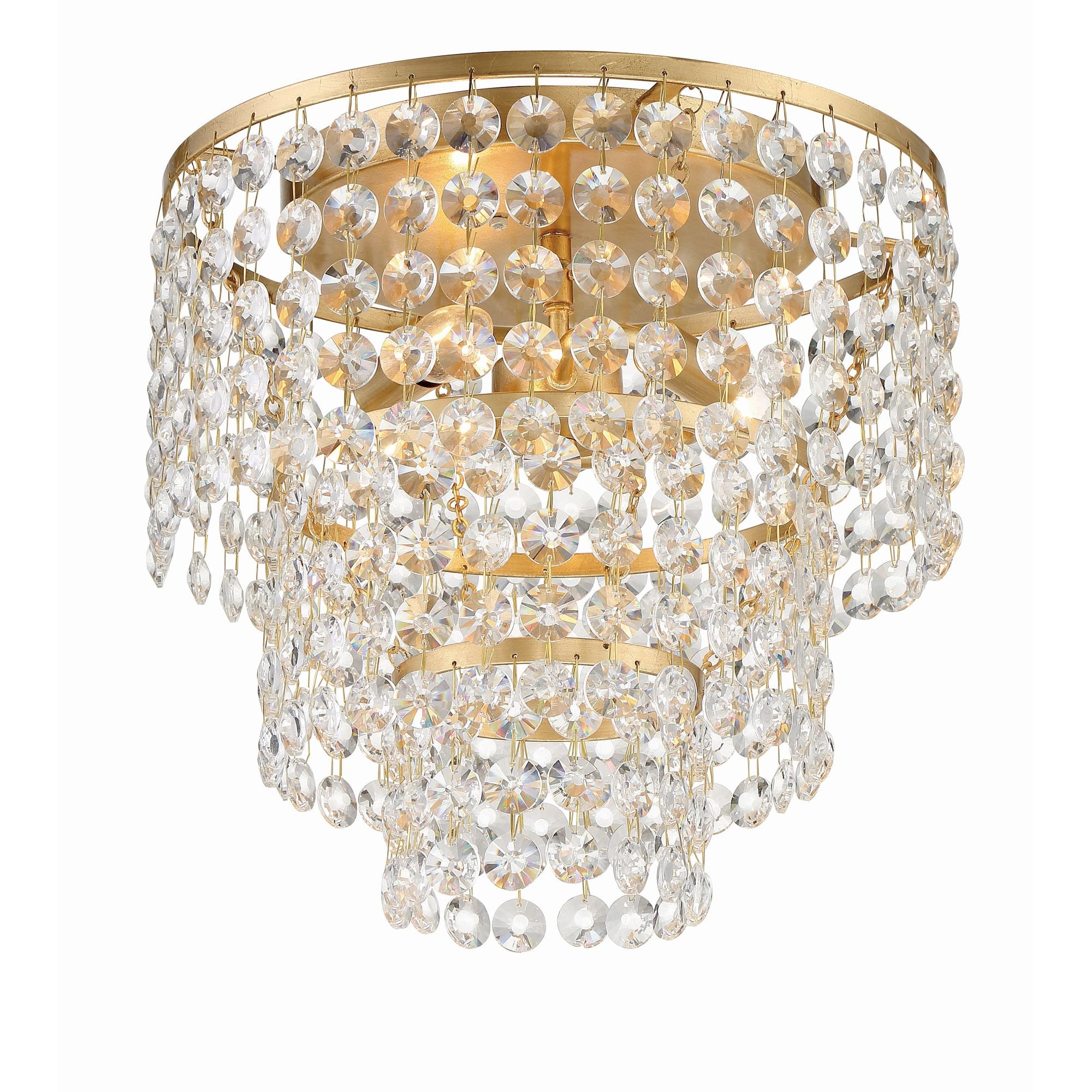 Gabrielle 3 Light Antique Gold Flush Mount Hand Cut Crystal 14"W x 13"H x 14"D