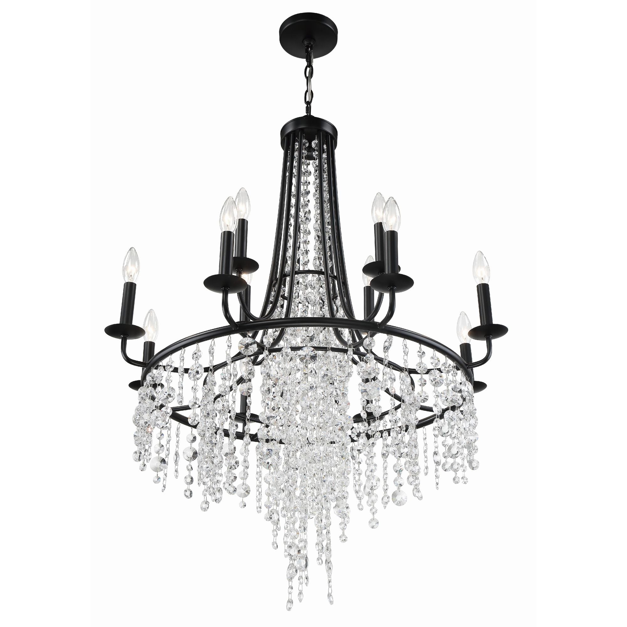 Gabrielle 12 Light Matte Black Chandelier Hand Cut Crystal 30"W x 40"H x 30"D