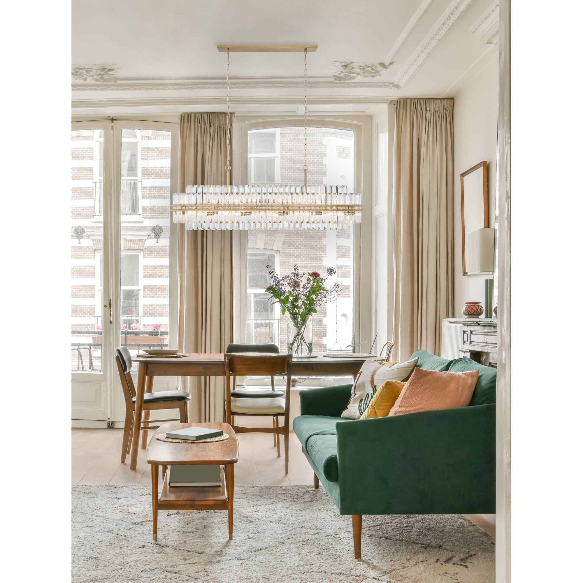 Hayes 16 Light Aged Brass Linear Chandelier Faceted Crystal 50"W x 18"H x 11"D