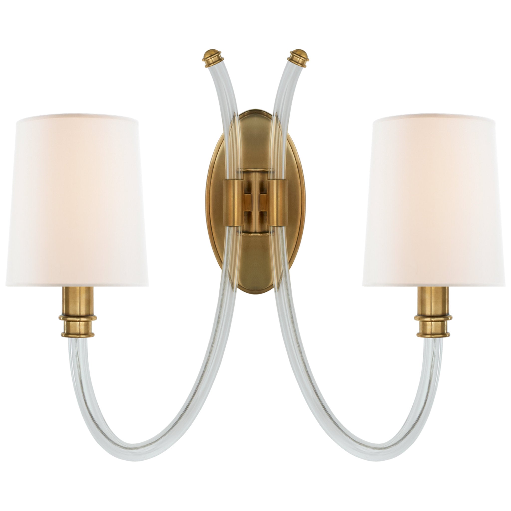 Julie Neill Clarice Double Sconce in Crystal and Antique-Burnished Brass with Linen Shades Wall Light W17.5" x H16"