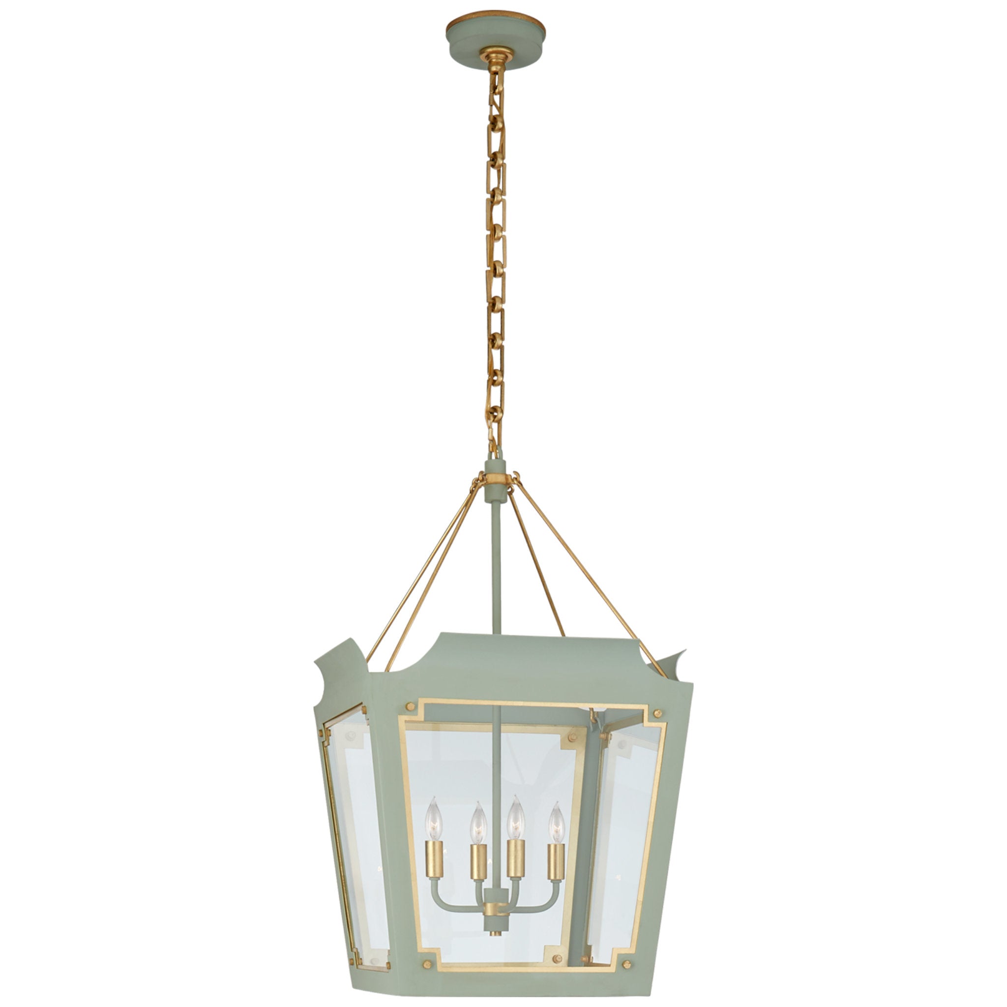 Julie Neill Caddo Medium Lantern in Celadon and Gild with Clear Glass Ceiling Light W19" x H32"