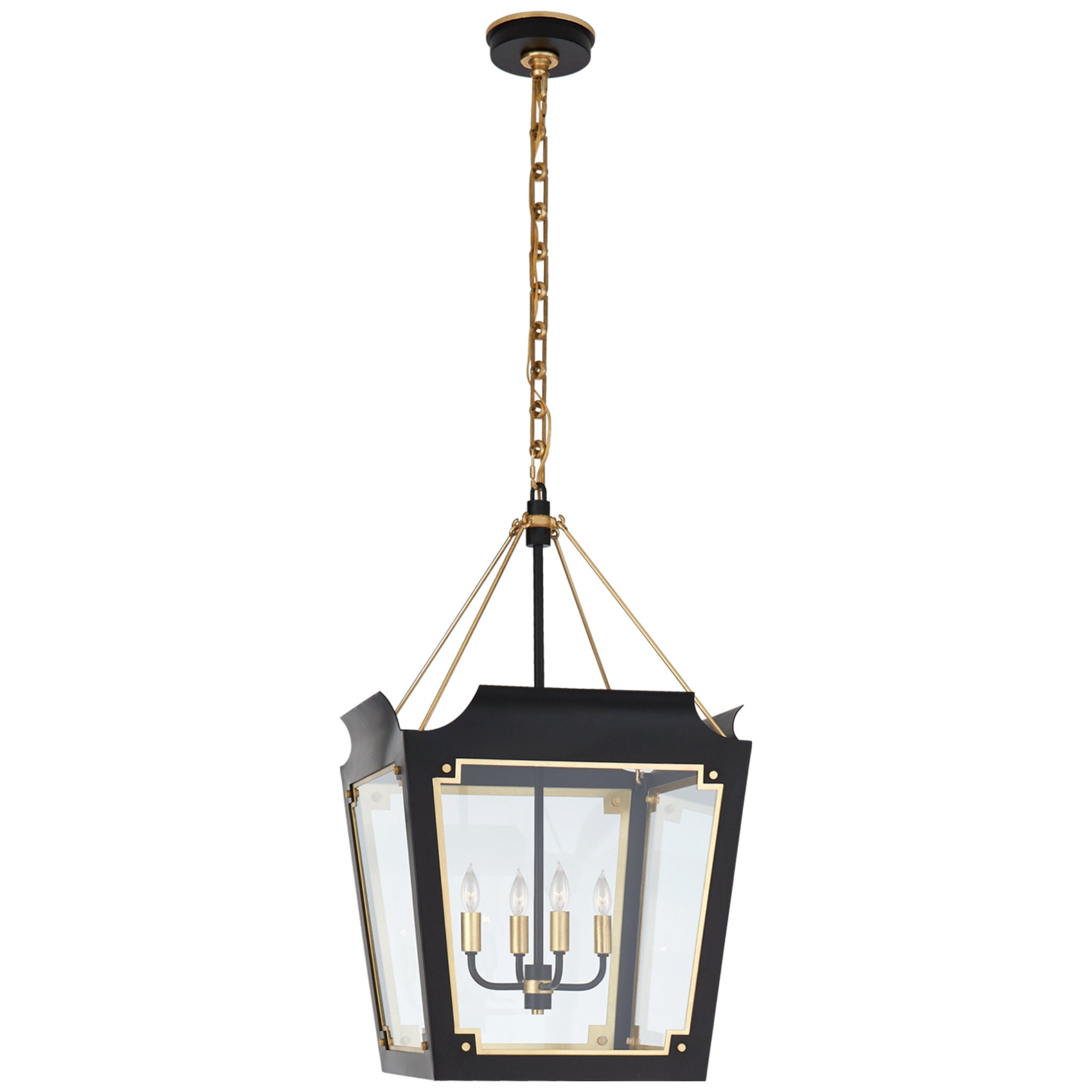Julie Neill Caddo Medium Lantern in Matte Black and Gild with Clear Glass Ceiling Light W19" x H32"