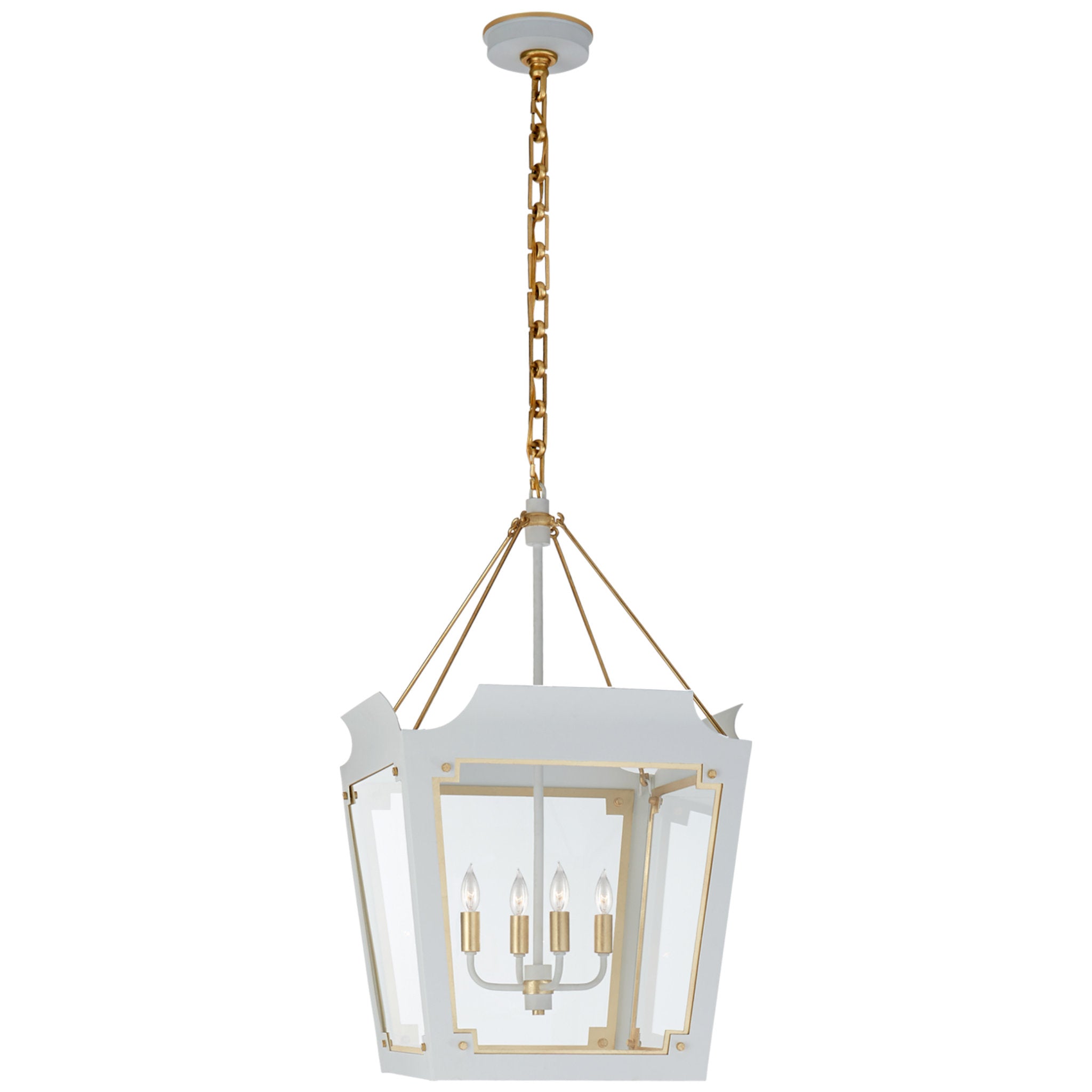 Julie Neill Caddo Medium Lantern in Soft White and Gild with Clear Glass Ceiling Light W19" x H32"