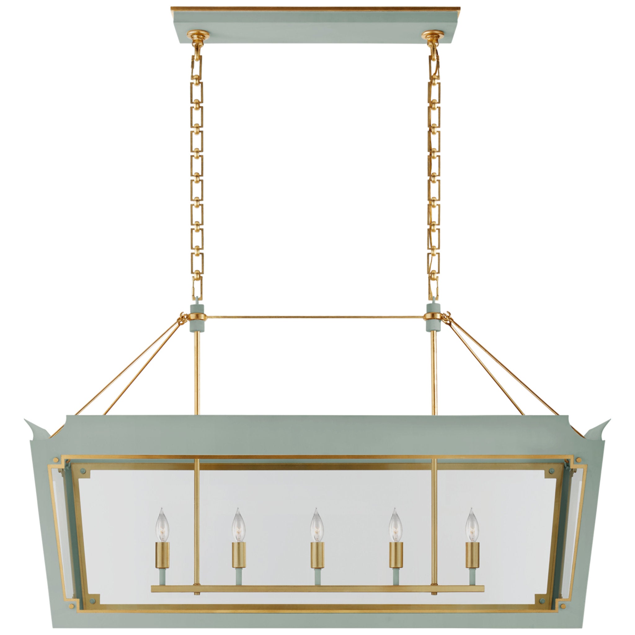 Julie Neill Caddo Medium Linear Lantern in Celadon and Gild with Clear Glass Ceiling Light W46.5" x 18.5" x H28.5"