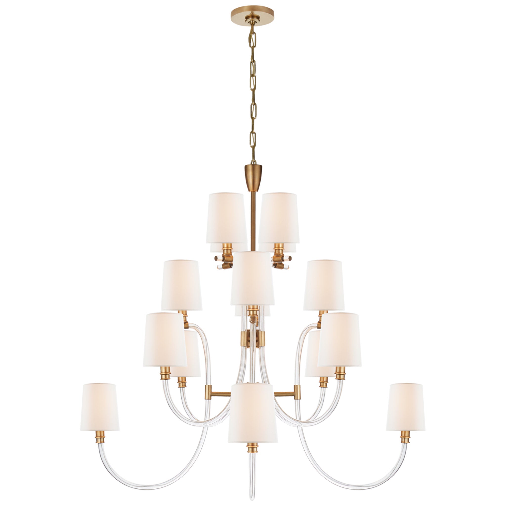 Julie Neill Clarice Large Chandelier in Clear Acrylic and Antique-Burnished Brass with Linen Shades Ceiling Light W44.25" x H40.75"