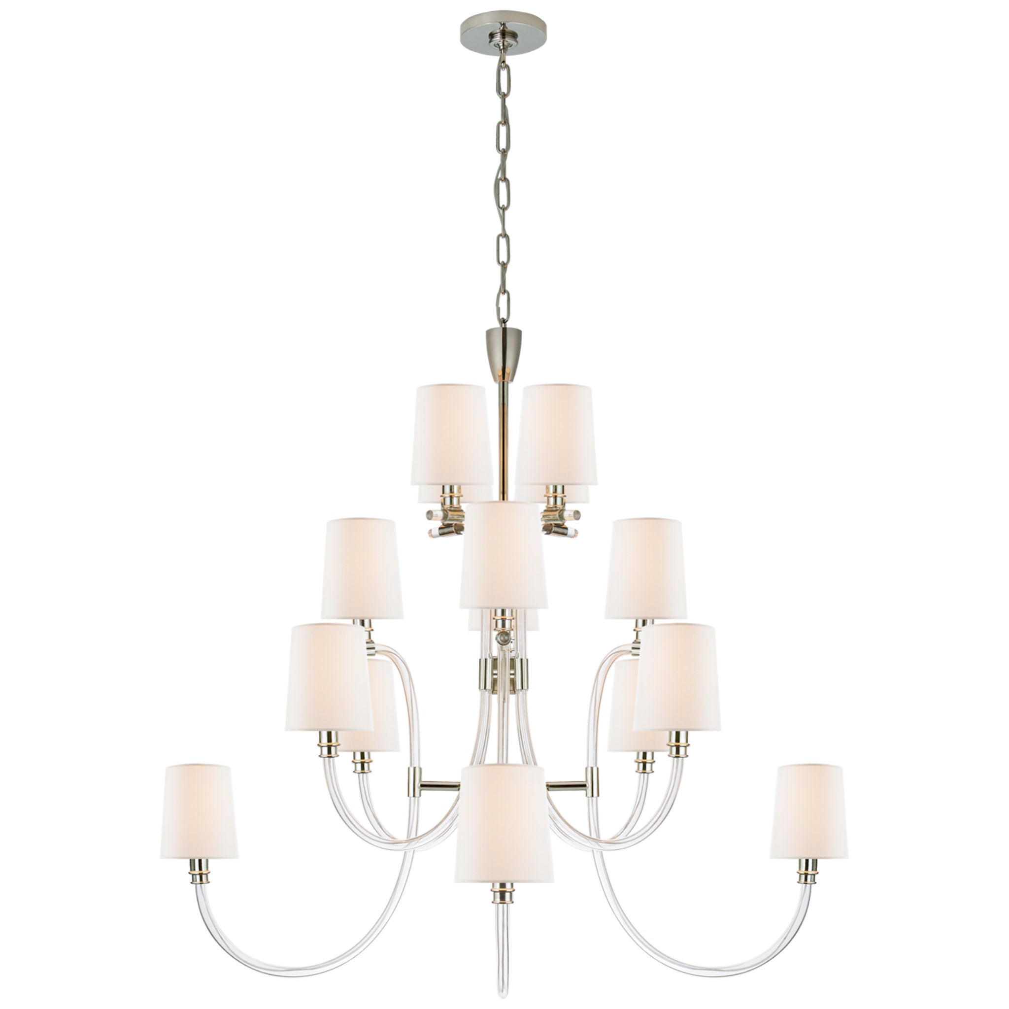 Julie Neill Clarice Large Chandelier in Clear Acrylic and Polished Nickel with Linen Shades Ceiling Light W44.25" x H40.75"