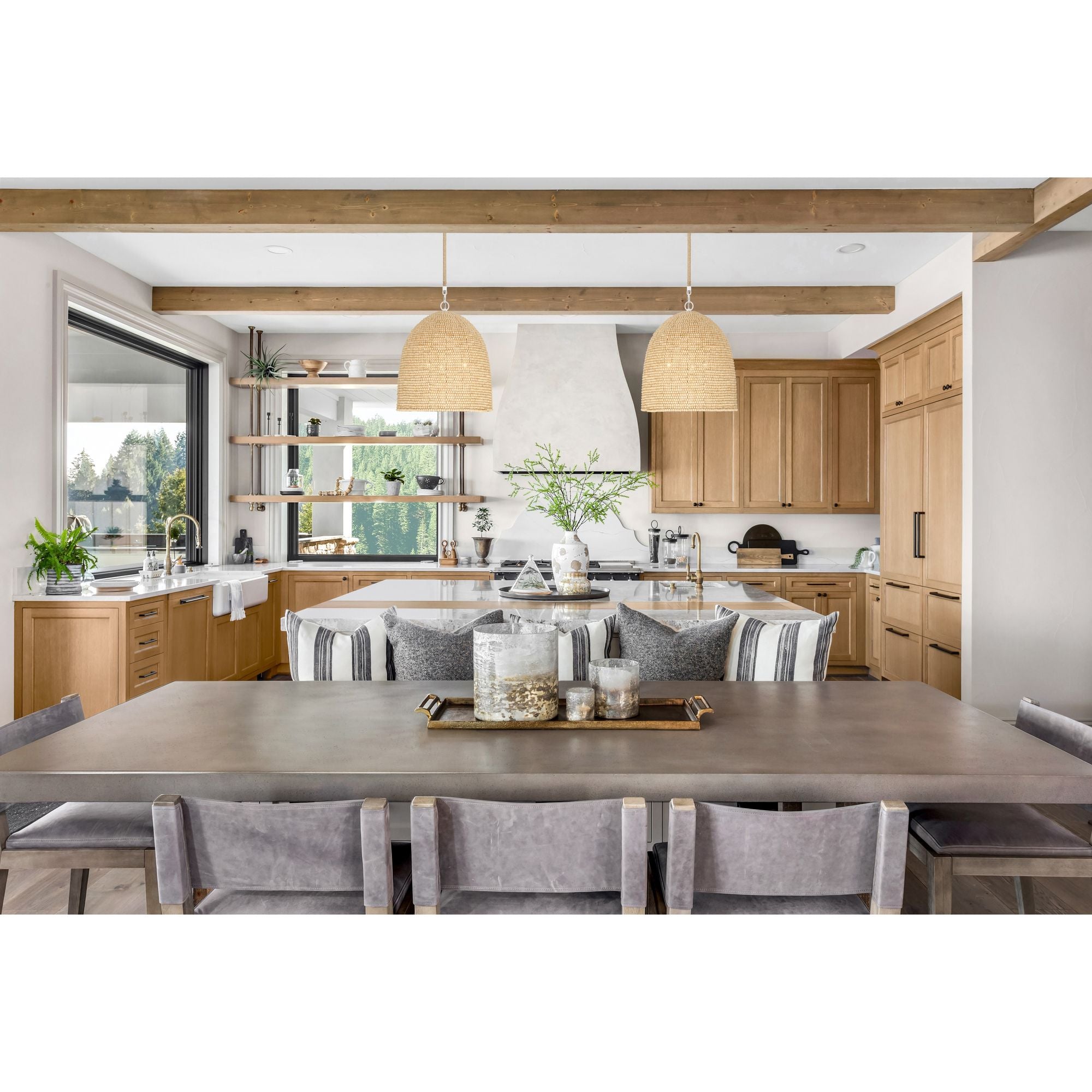 Jasper 3 Light Matte White + Natural Wood Pendant Natural Wood Beads 16"W x 17.5"H x 16"D