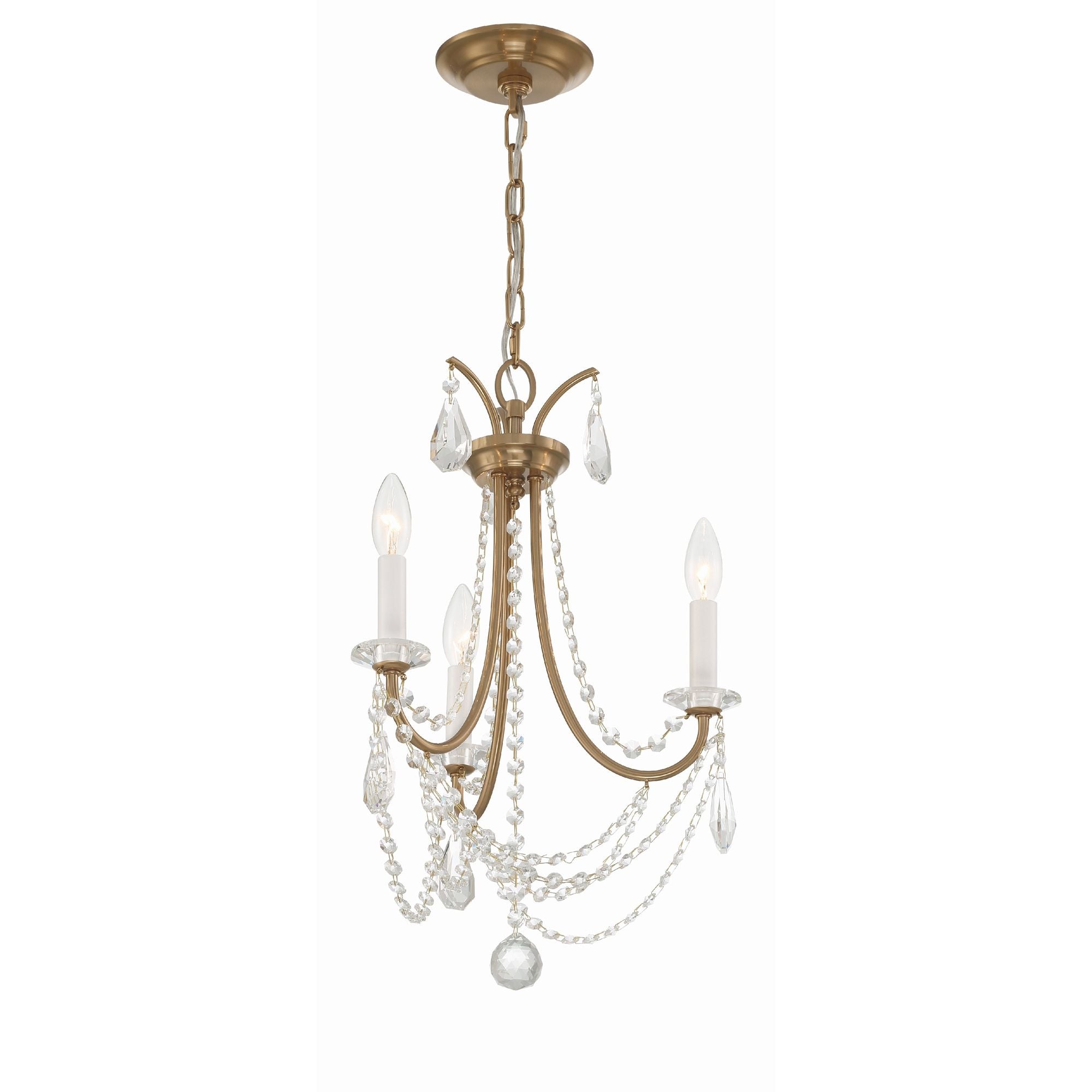 Karrington 3 Light Aged Brass Mini Chandelier Hand Cut Crystal 14"W x 21"H x 14"D