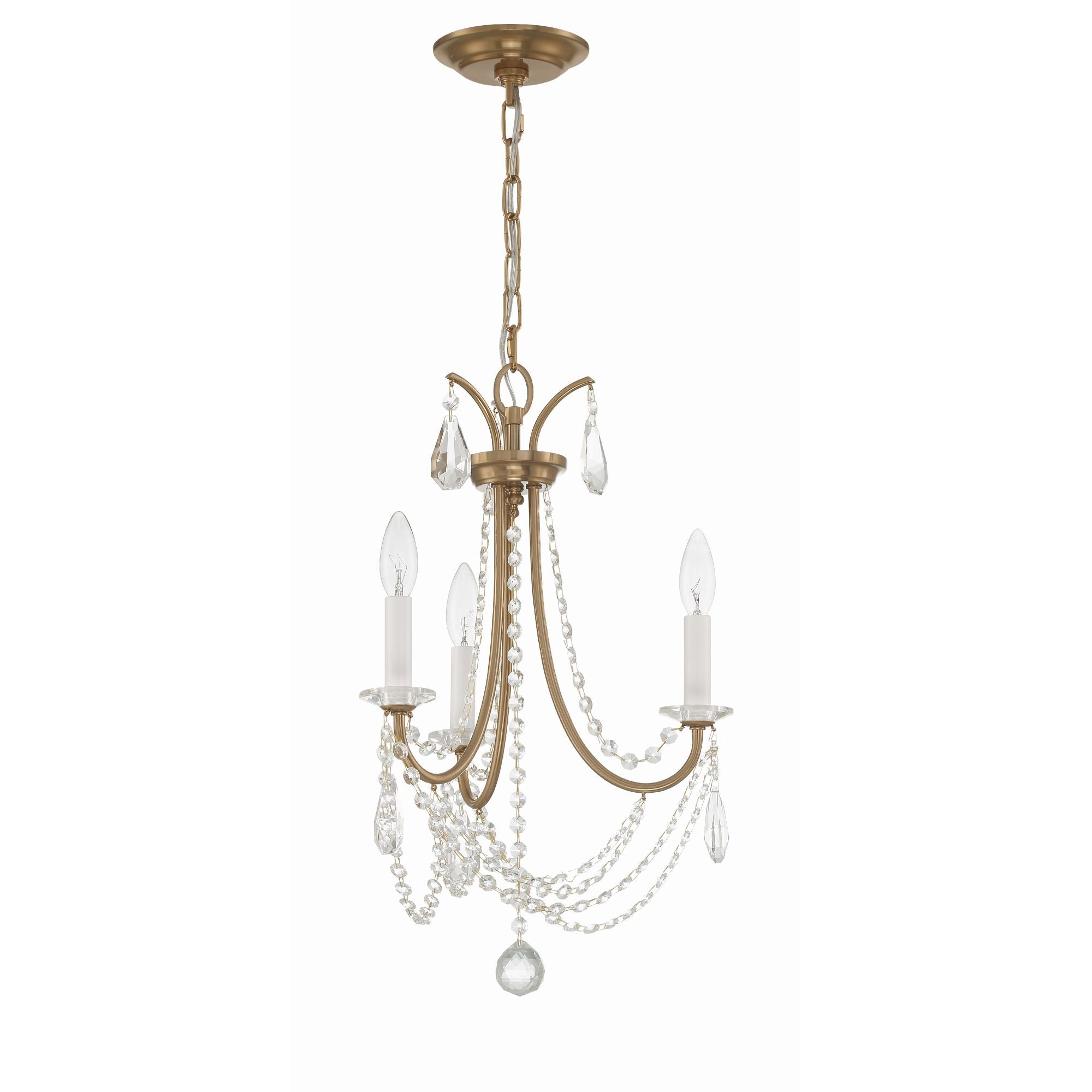Karrington 3 Light Aged Brass Mini Chandelier Hand Cut Crystal 14"W x 21"H x 14"D