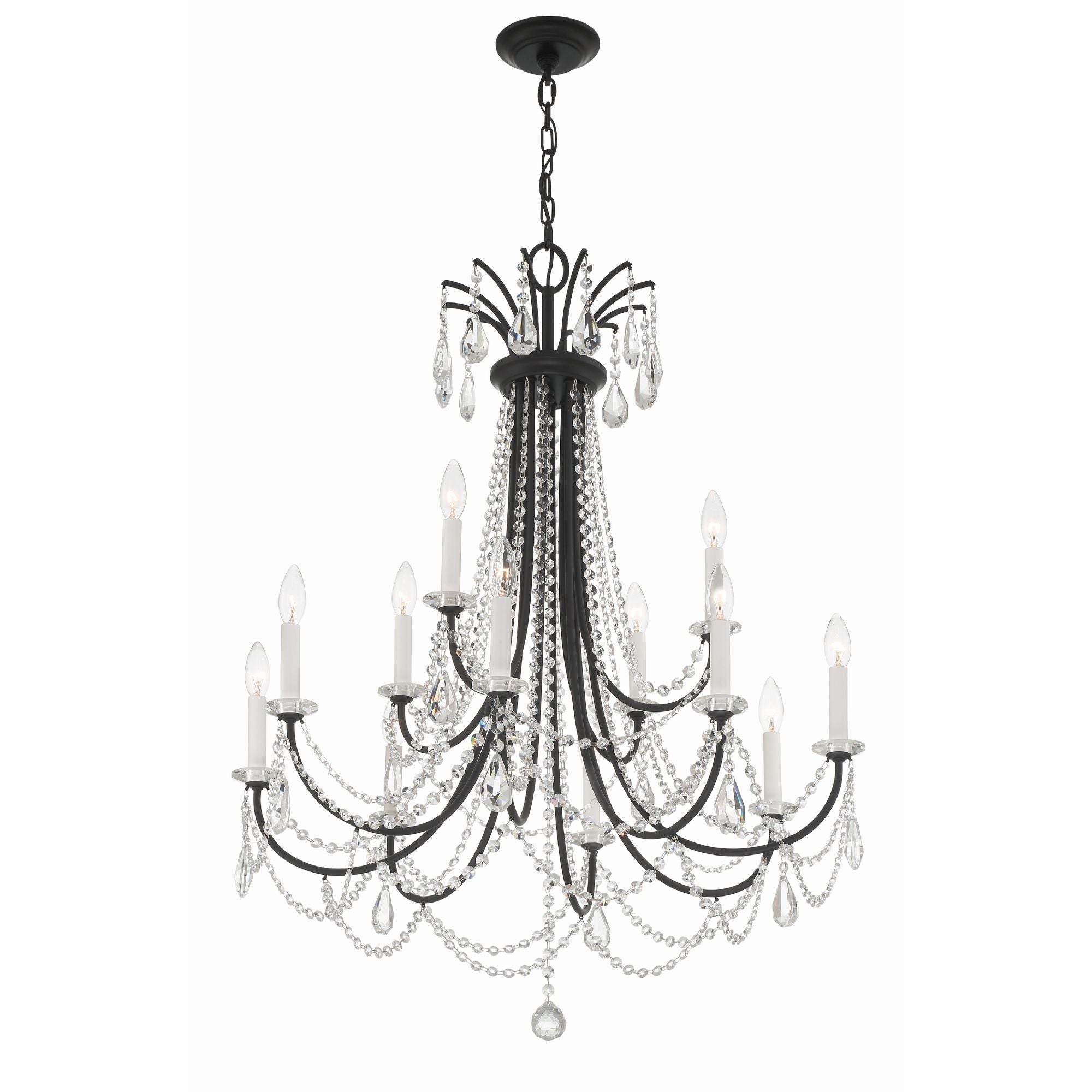 Karrington 12 Light Matte Black Chandelier Hand Cut Crystal 30"W x 40"H x 30"D