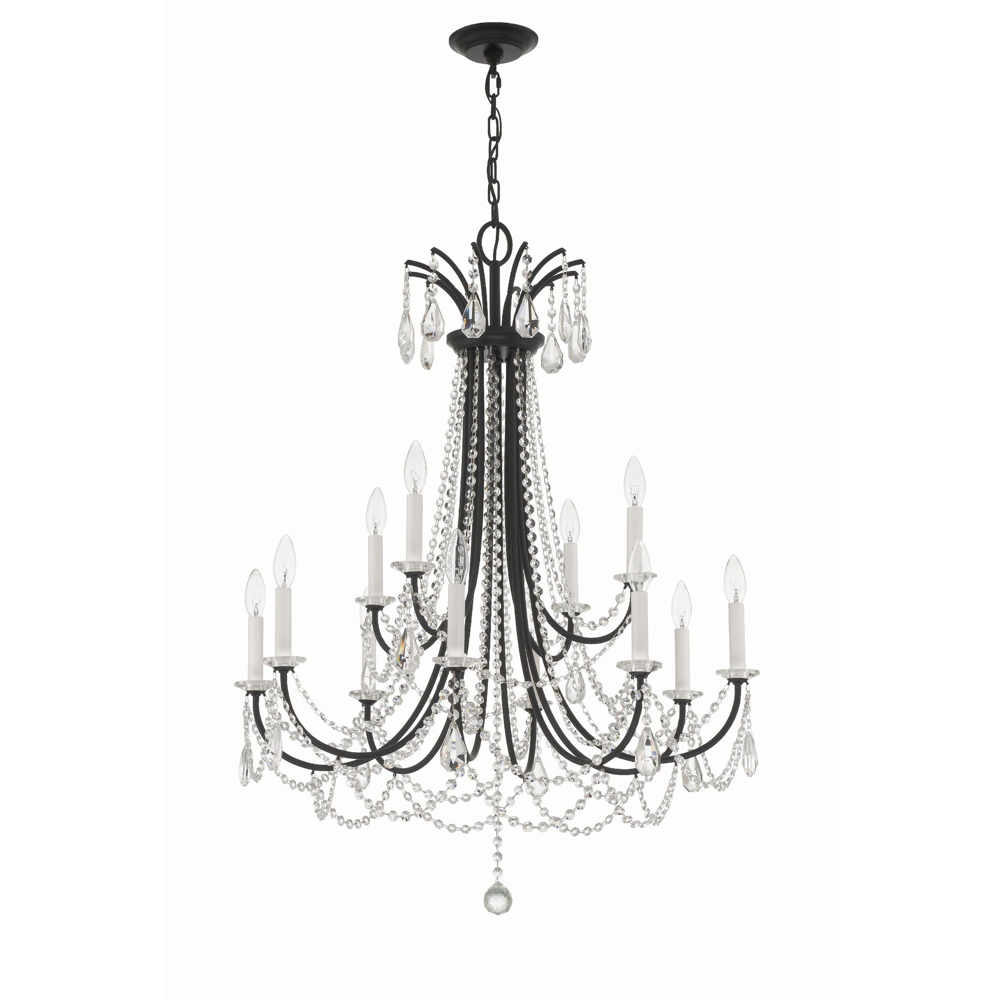 Karrington 12 Light Matte Black Chandelier Hand Cut Crystal 30"W x 40"H x 30"D