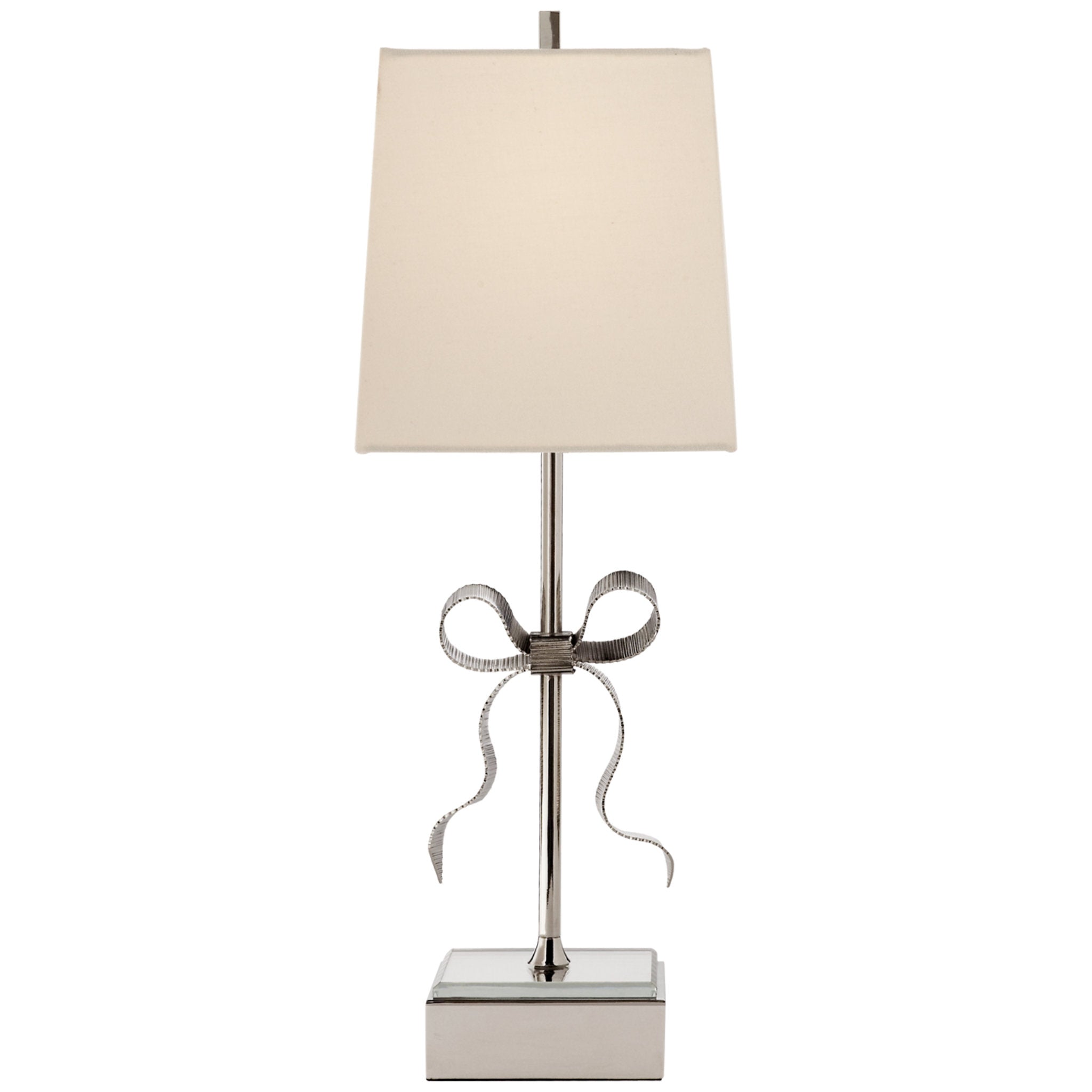 kate spade new york Ellery Gros-Grain Bow Table Lamp in Polished Nickel and Mirror with Cream Linen Shade W8" x H22.75"
