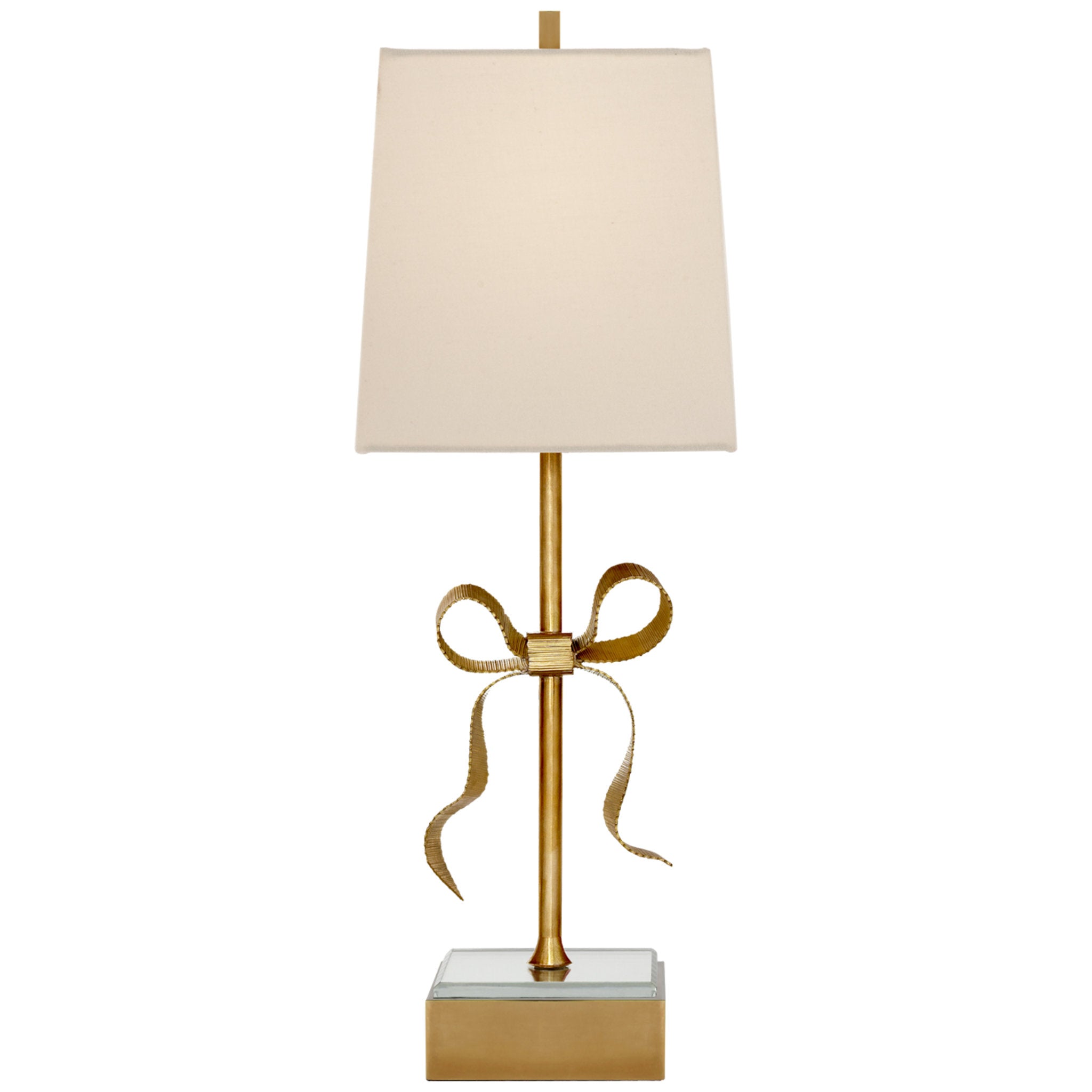 kate spade new york Ellery Gros-Grain Bow Table Lamp in Soft Brass and Mirror with Cream Linen Shade W8" x H22.75"