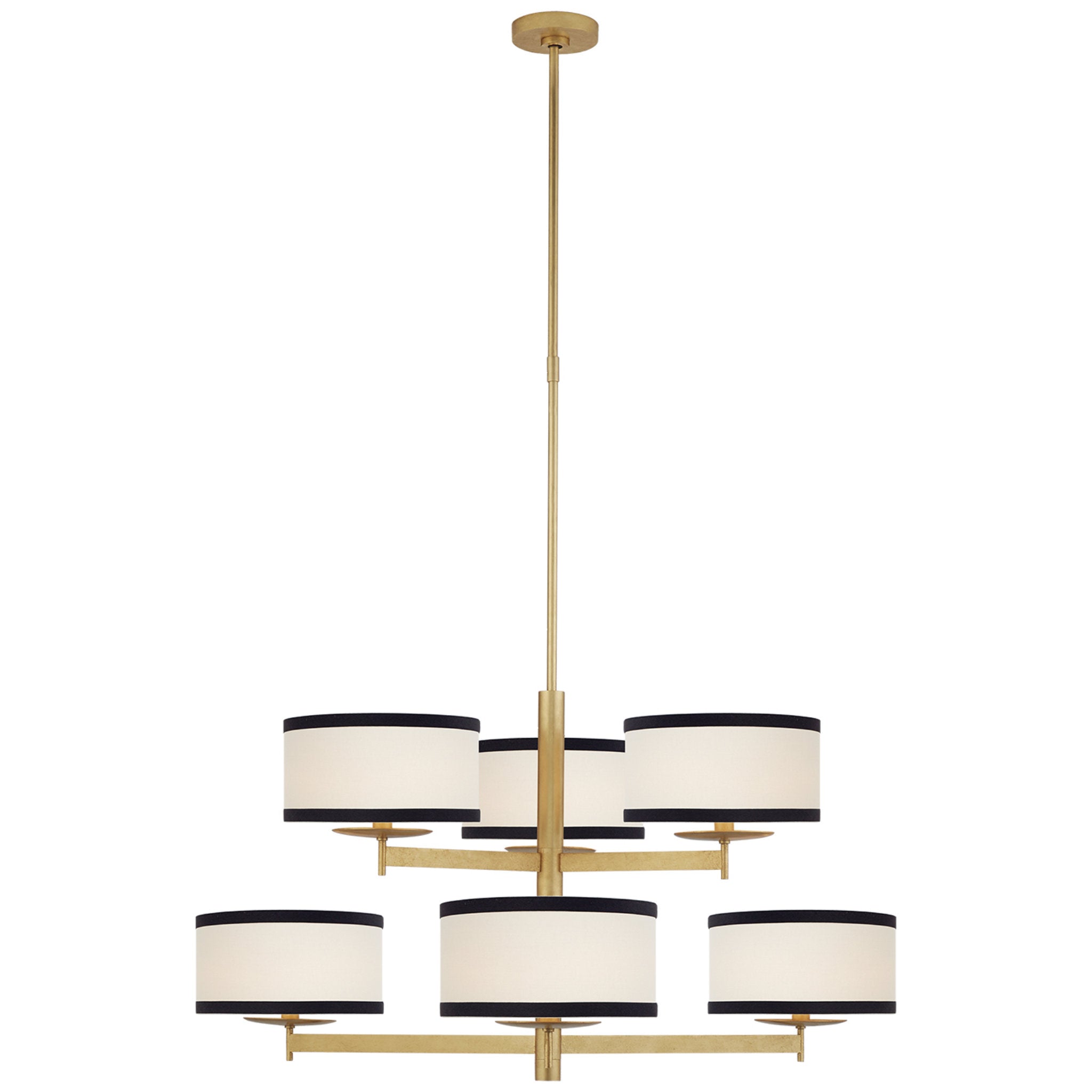 kate spade new york Walker Medium Two Tier Chandelier in Gild with Cream Linen Shades with Black Linen Trim Ceiling Light W37"