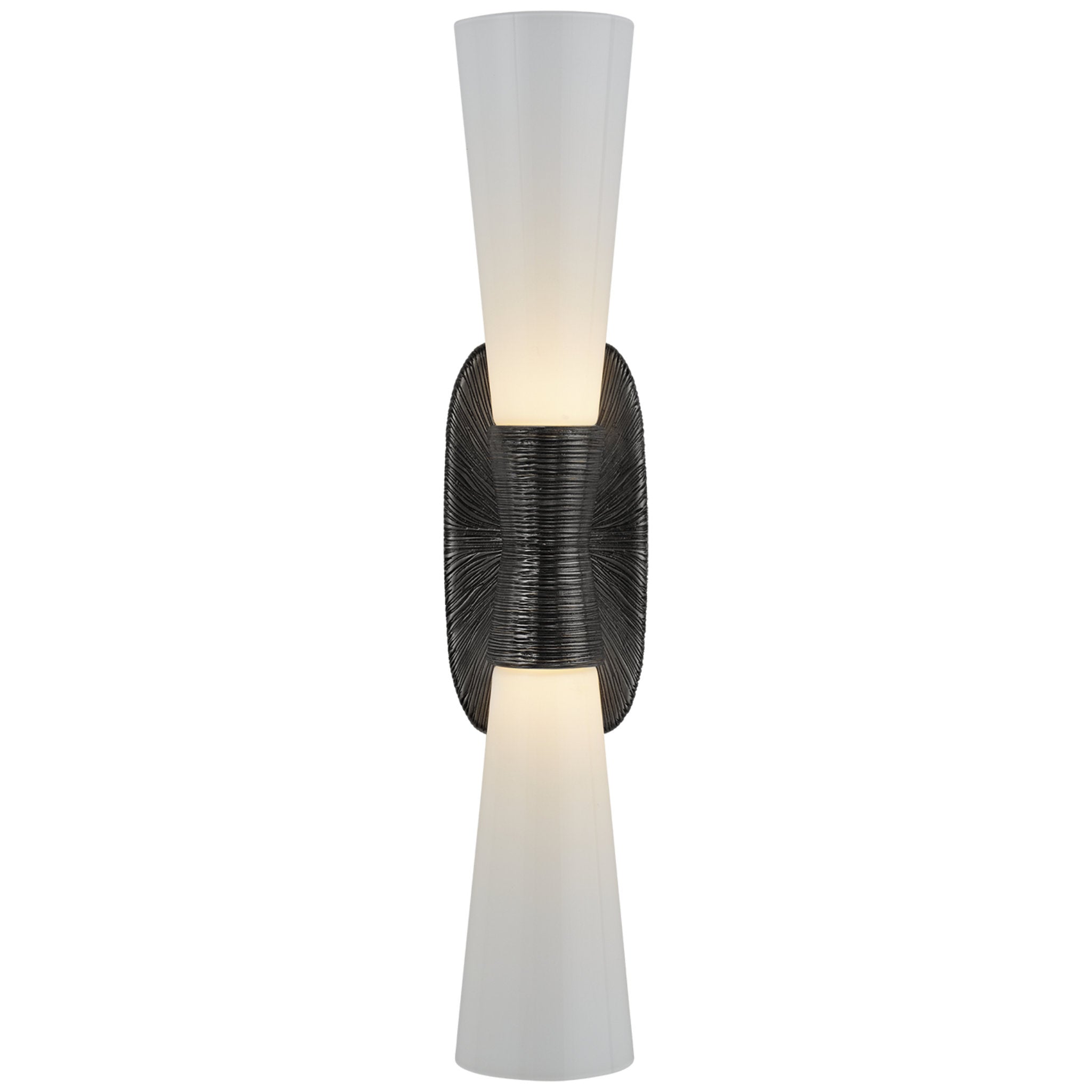 Kelly Wearstler Utopia Large Double Bath Sconce in Aged Iron with White Glass Wall Light W4.75" x H23"