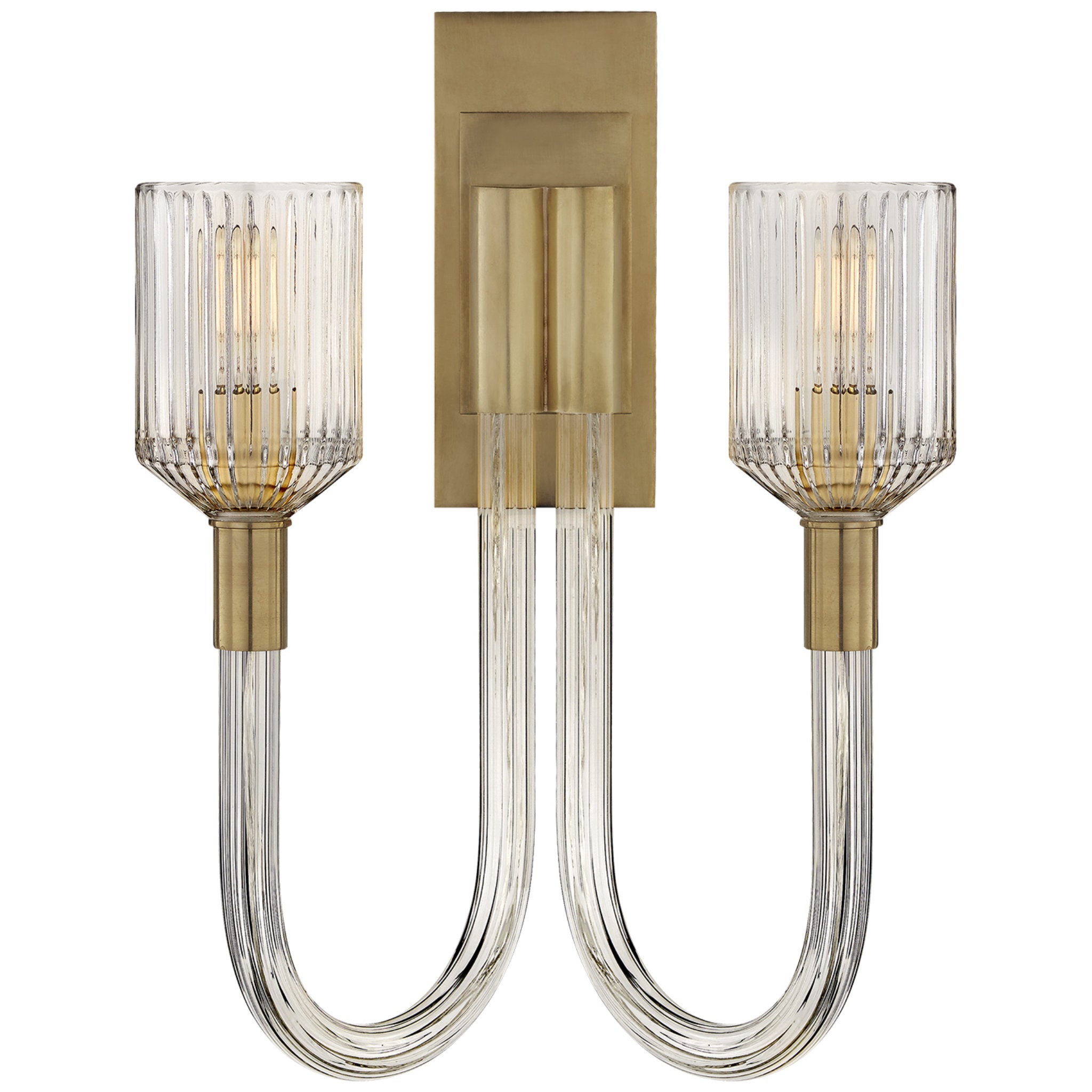 Kelly Wearstler Reverie Double Sconce in Clear Ribbed Glass and Antique-Burnished Brass Wall Light W14" x H19"