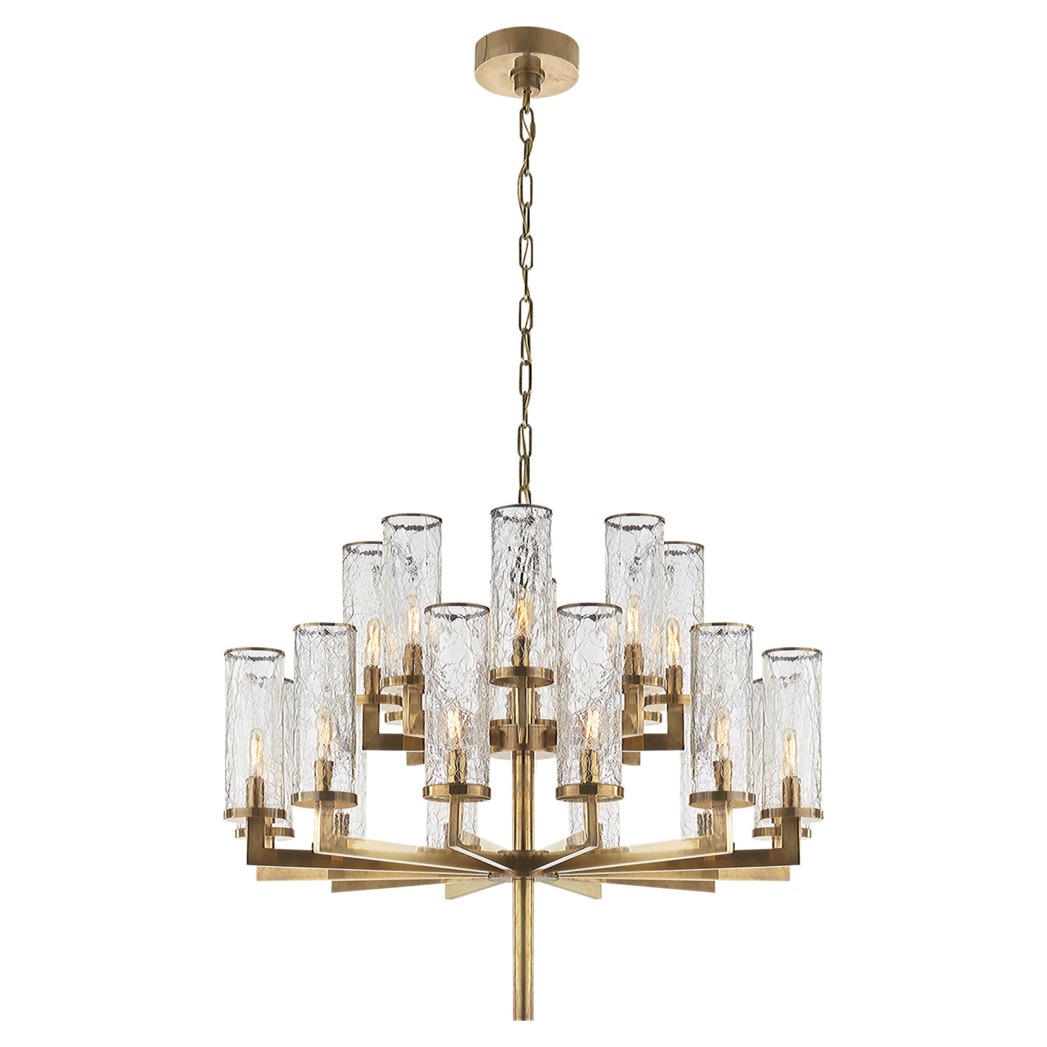 Kelly Wearstler Liaison Double Tier Chandelier in Antique-Burnished Brass with Crackle Glass Ceiling Light W34"
