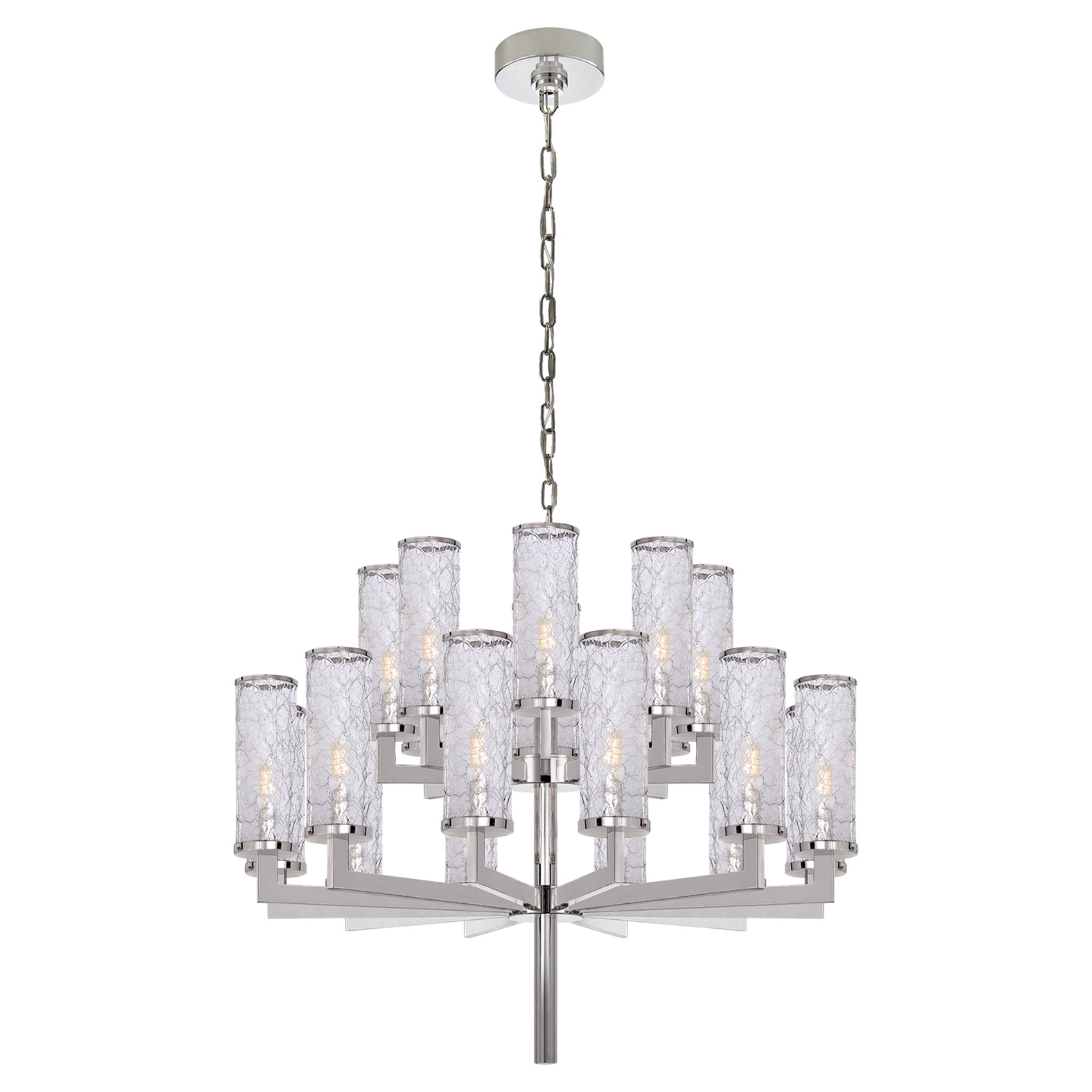 Kelly Wearstler Liaison Double Tier Chandelier in Polished Nickel with Crackle Glass Ceiling Light W34"