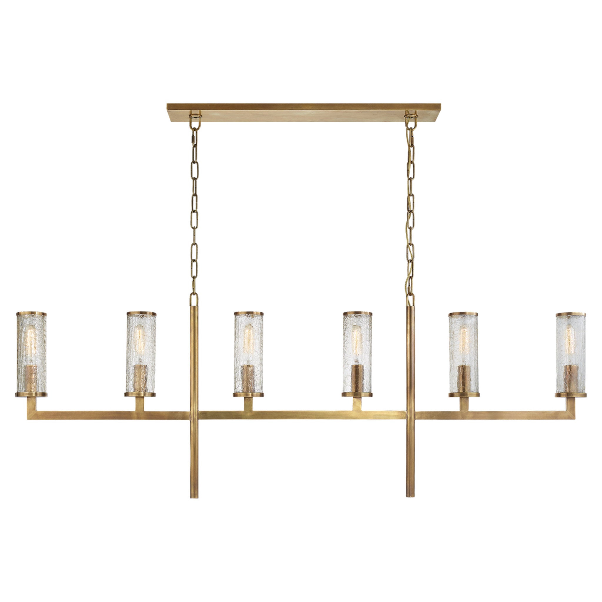 Kelly Wearstler Liaison Large Linear Chandelier in Antique-Burnished Brass with Crackle Glass Ceiling Light W60" x H22.5"