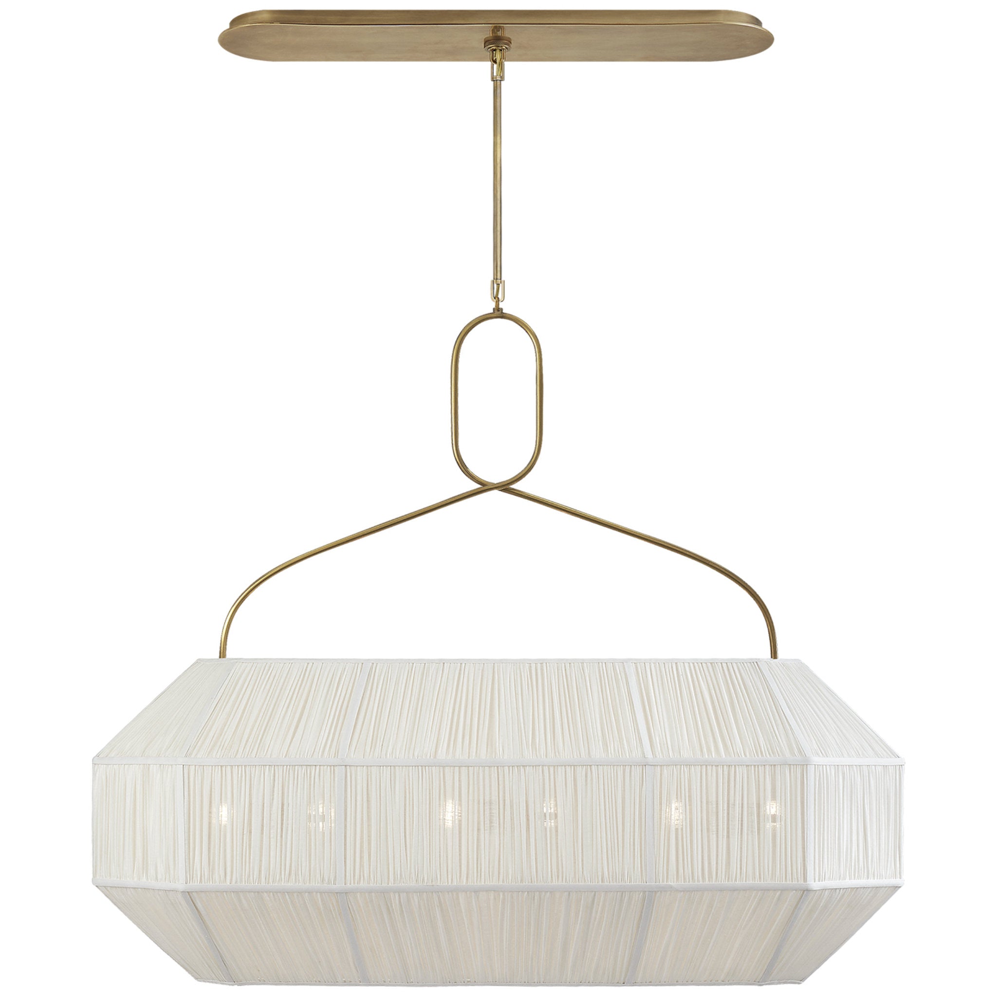 Kelly Wearstler Forza Medium Linear Lantern in Antique-Burnished Brass with Gathered Linen Shade Ceiling Light W40"