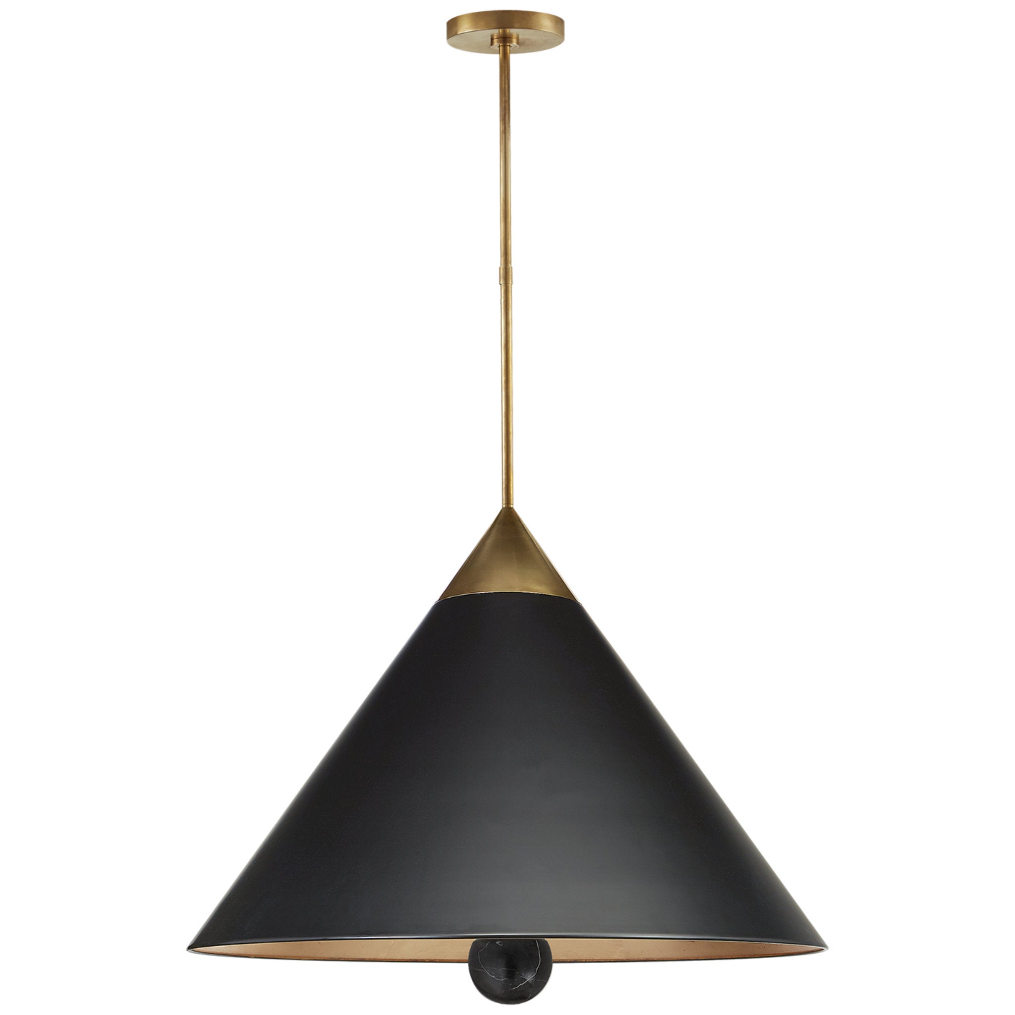 Kelly Wearstler Cleo Large Pendant in Antique-Burnished Brass and Black Marble with Black Shade with Gild Interior Ceiling Light W30"