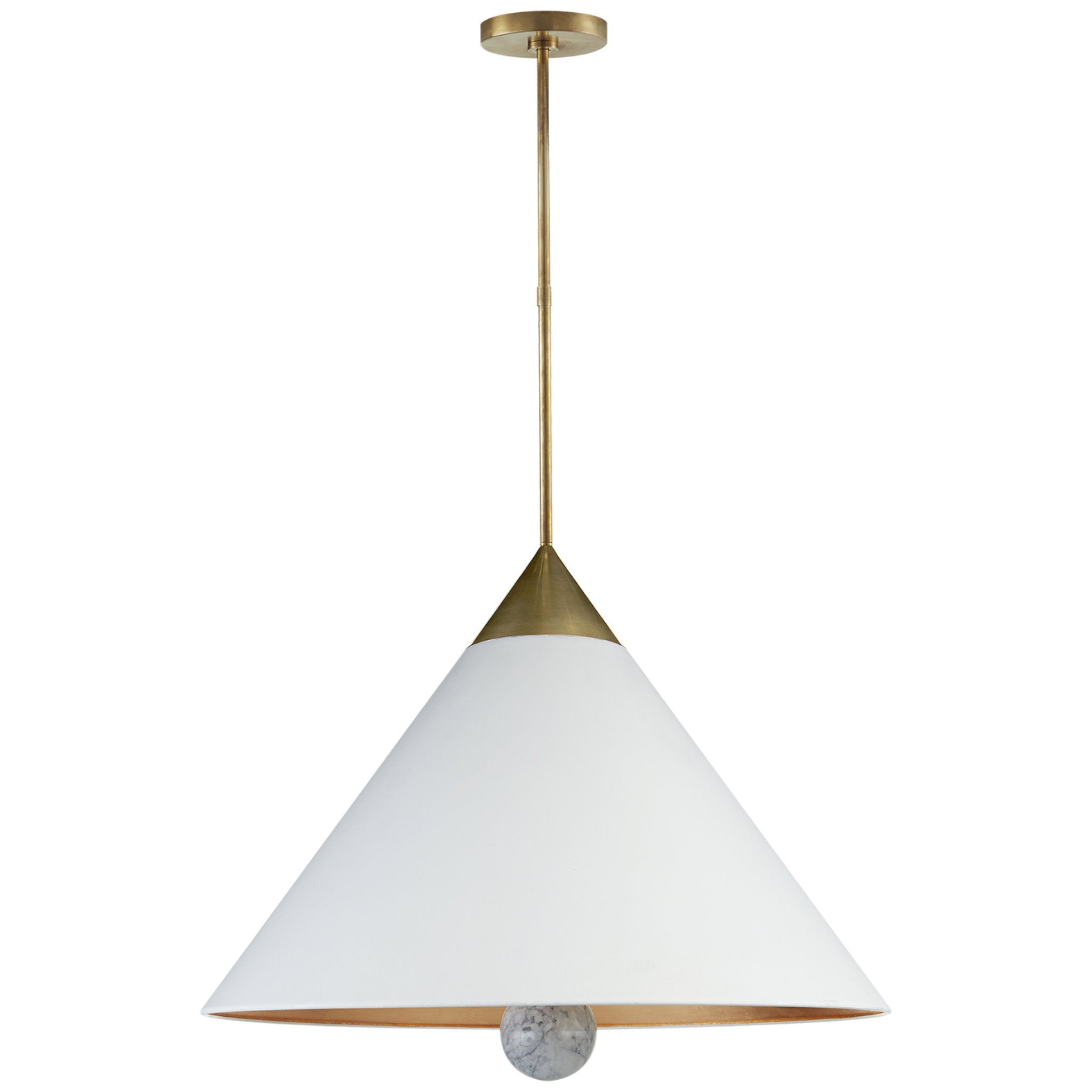 Kelly Wearstler Cleo Large Pendant in Antique-Burnished Brass and White Marble with White Shade with Gild Interior Ceiling Light W30"