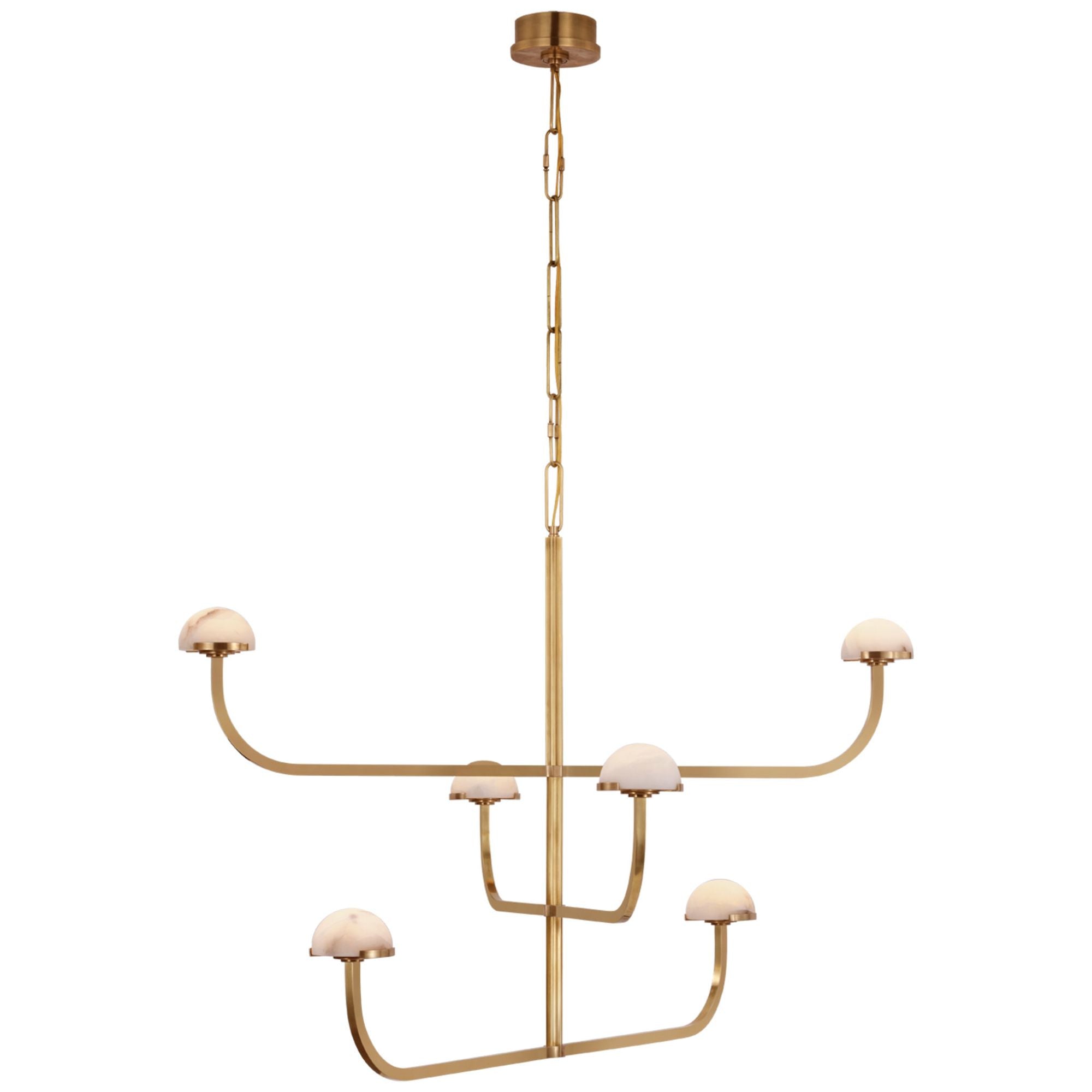 Kelly Wearstler Pedra Three Tier Shallow Chandelier in Antique-Burnished Brass with Alabaster Ceiling Light W40.75" x H32.25"