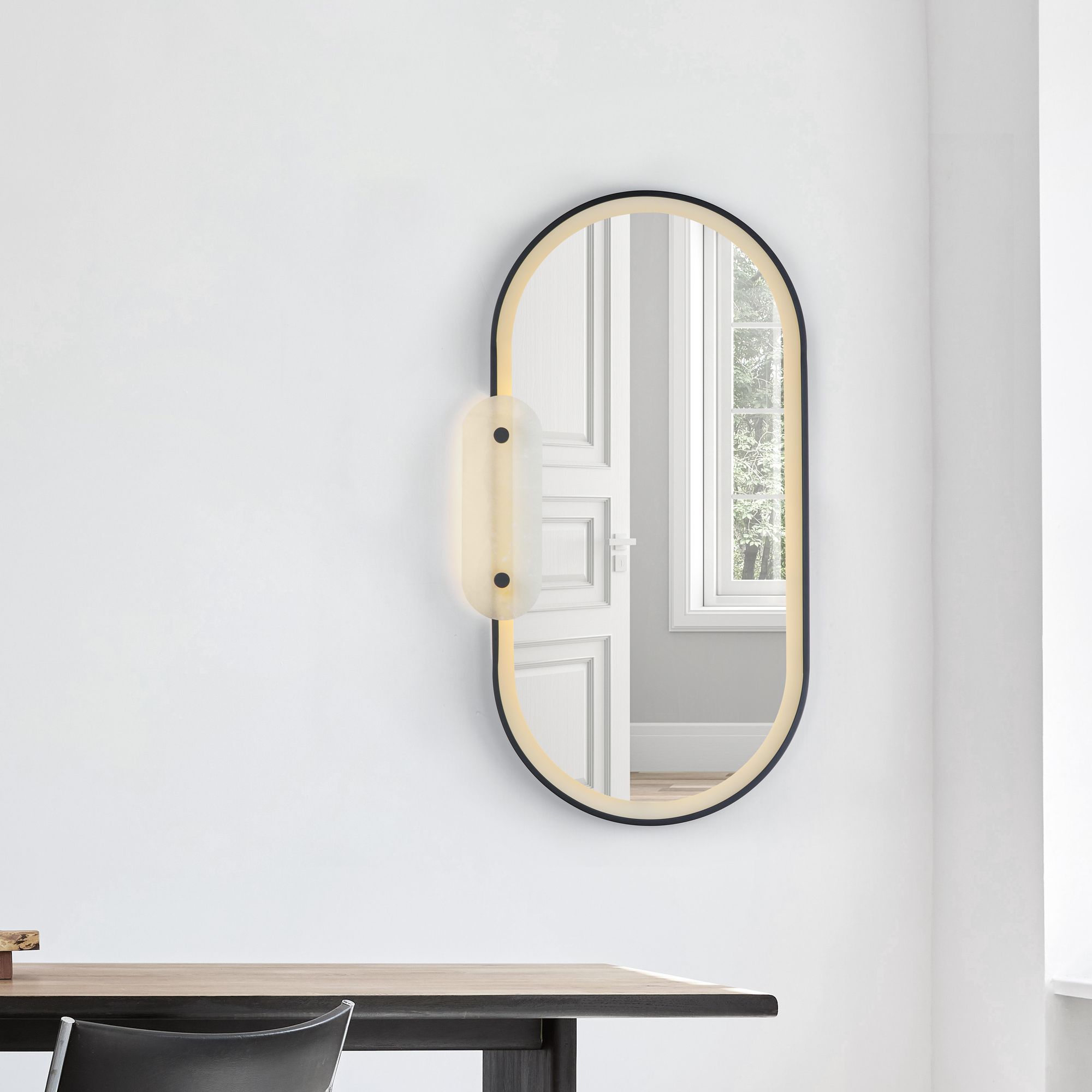 Studio M SM24800WABK Stonewall White Alabaster LED Mirror in Black by Nina Magon