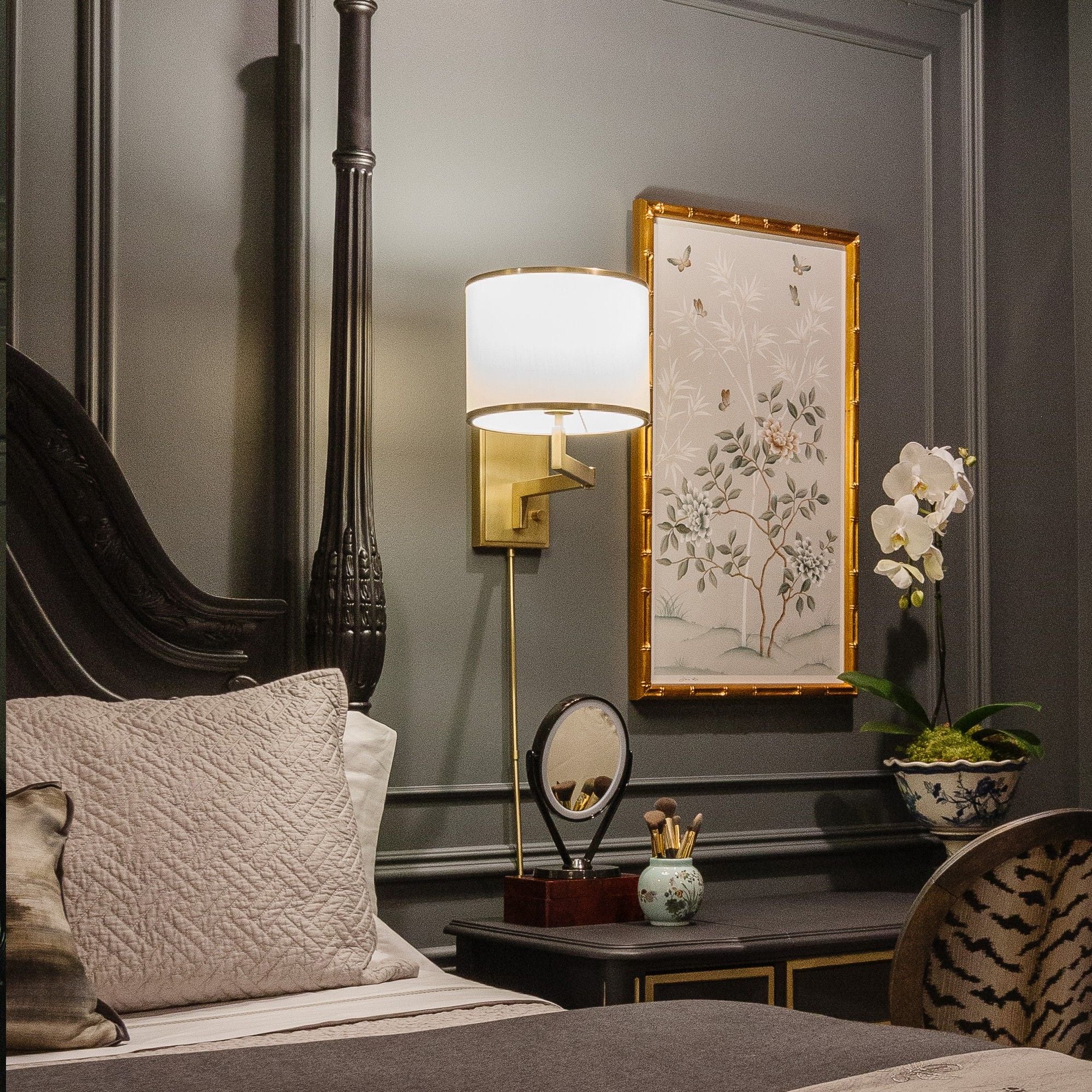 Marshall 1 Light Aged Brass Swing Arm Sconce Silk Shade 12.5"W x 18"H x 20.5"D